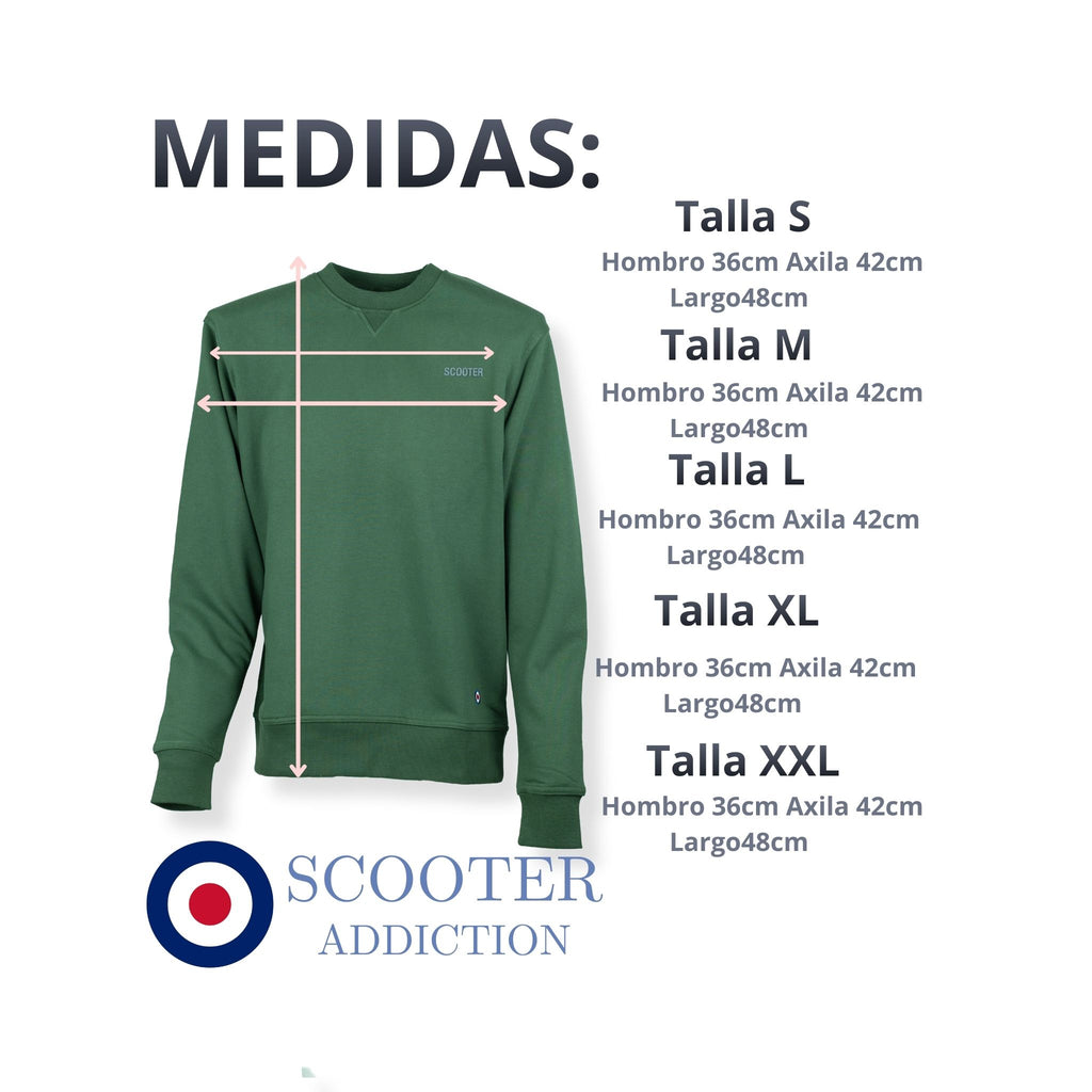 Tabla de medidas hombro axila largo tallas S M L XL XXL sudadera Hackney Scooter Addiction verde