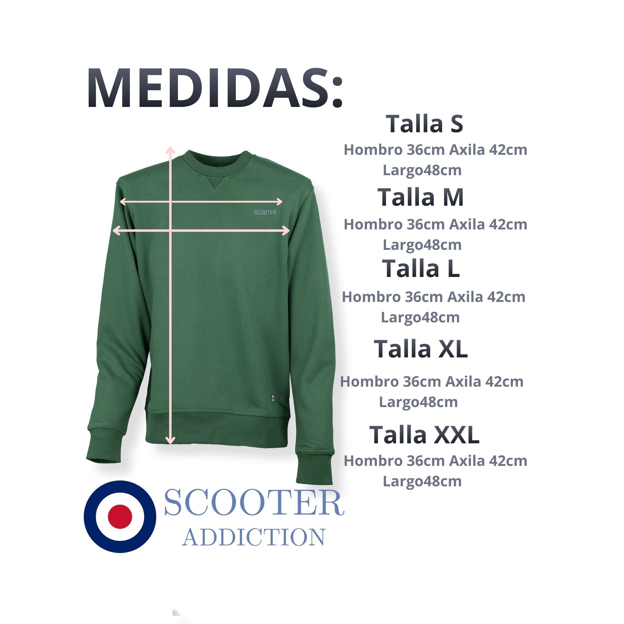 Tabla de medidas hombro axila largo tallas S M L XL XXL sudadera Hackney Scooter Addiction verde