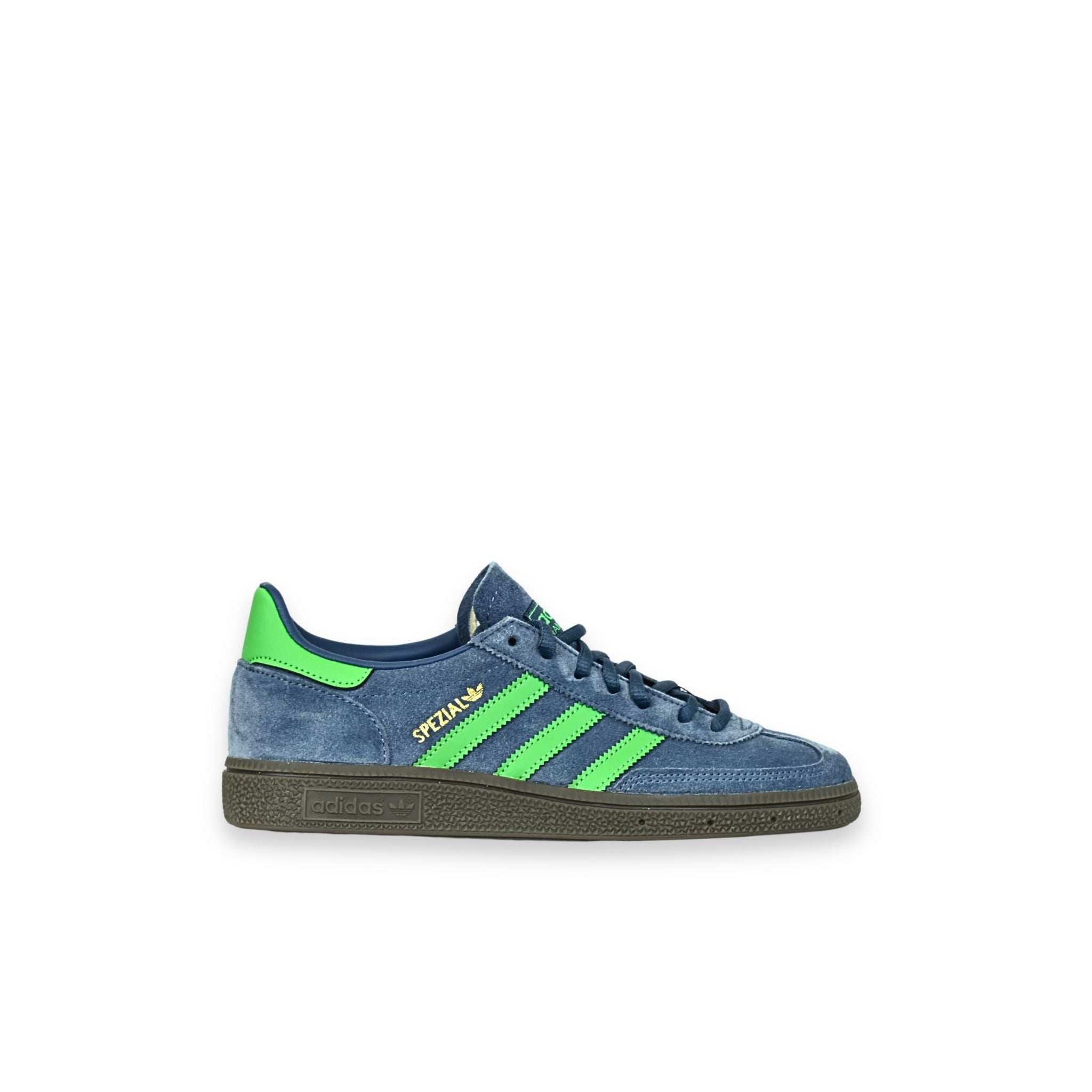 Adidas Handball Spezial JH5437 azul Preloved Ink – vista frontal con tres bandas verdes Semi Screaming
