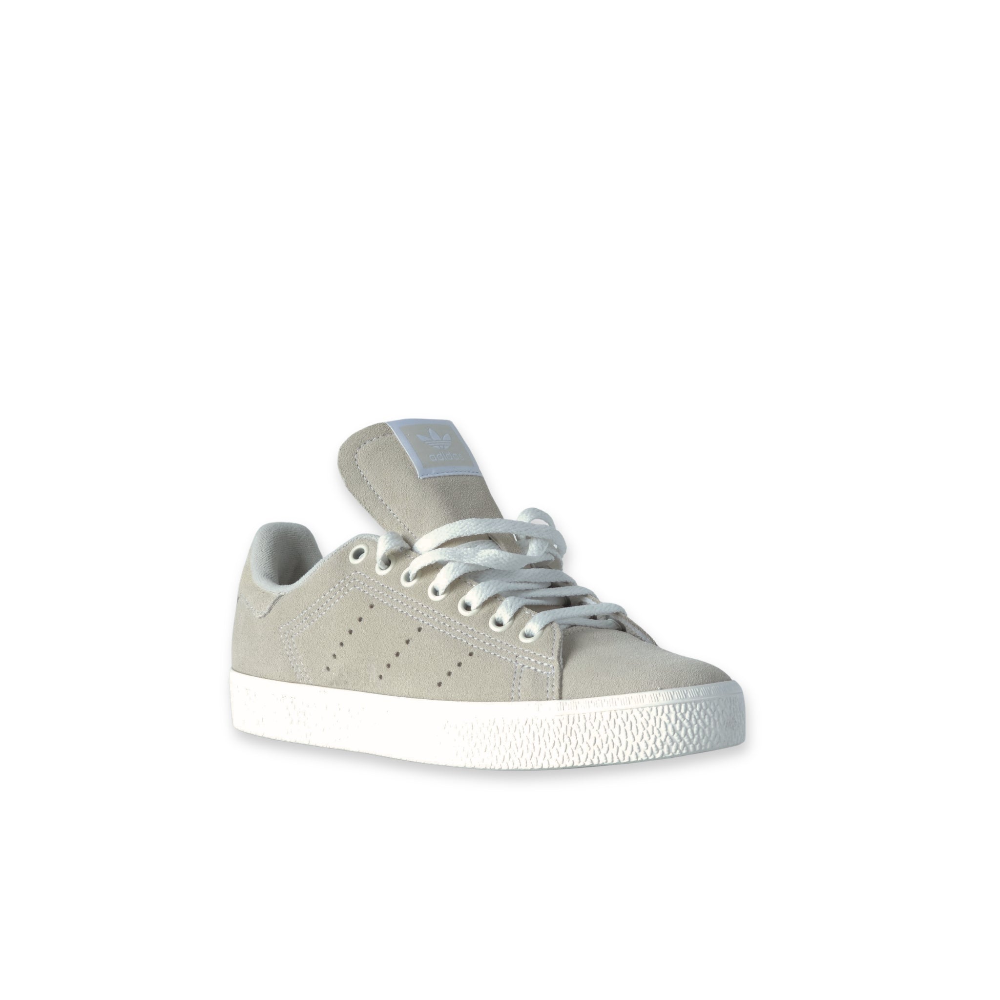 Adidas Stan Smith CS W zapatilla gris claro vista lateral con lengüeta levantada, suela blanca y cordones blancos
