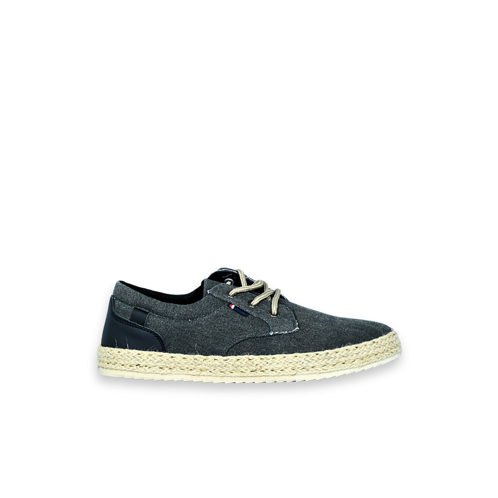 Zapatos blucher lona yute hombre gris antracita – vista frontal con cordones beige y suela de yute
