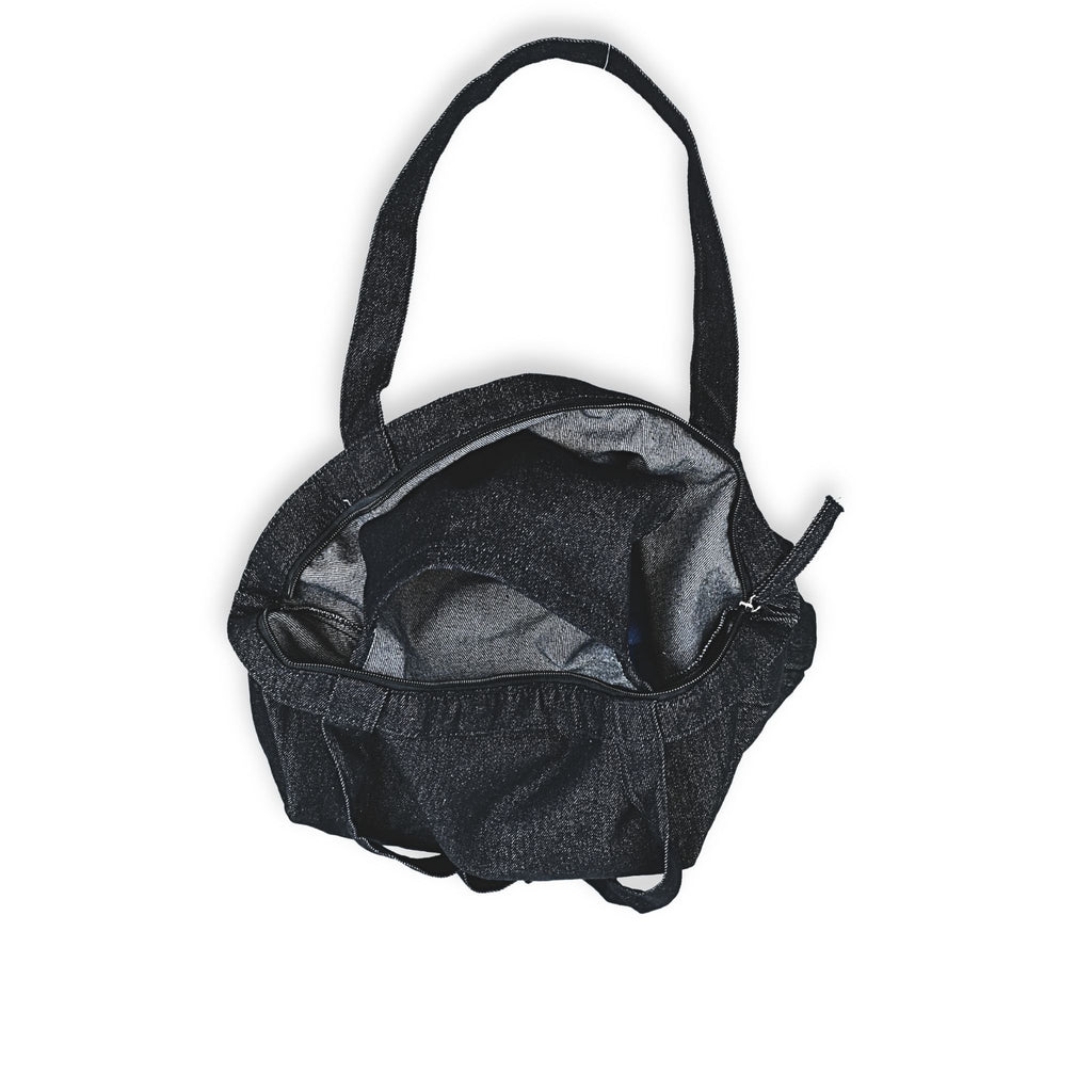 Interior bolso tote Iron Maiden denim – compartimento abierto con forro y bolsillo interior – Softcrabshop
