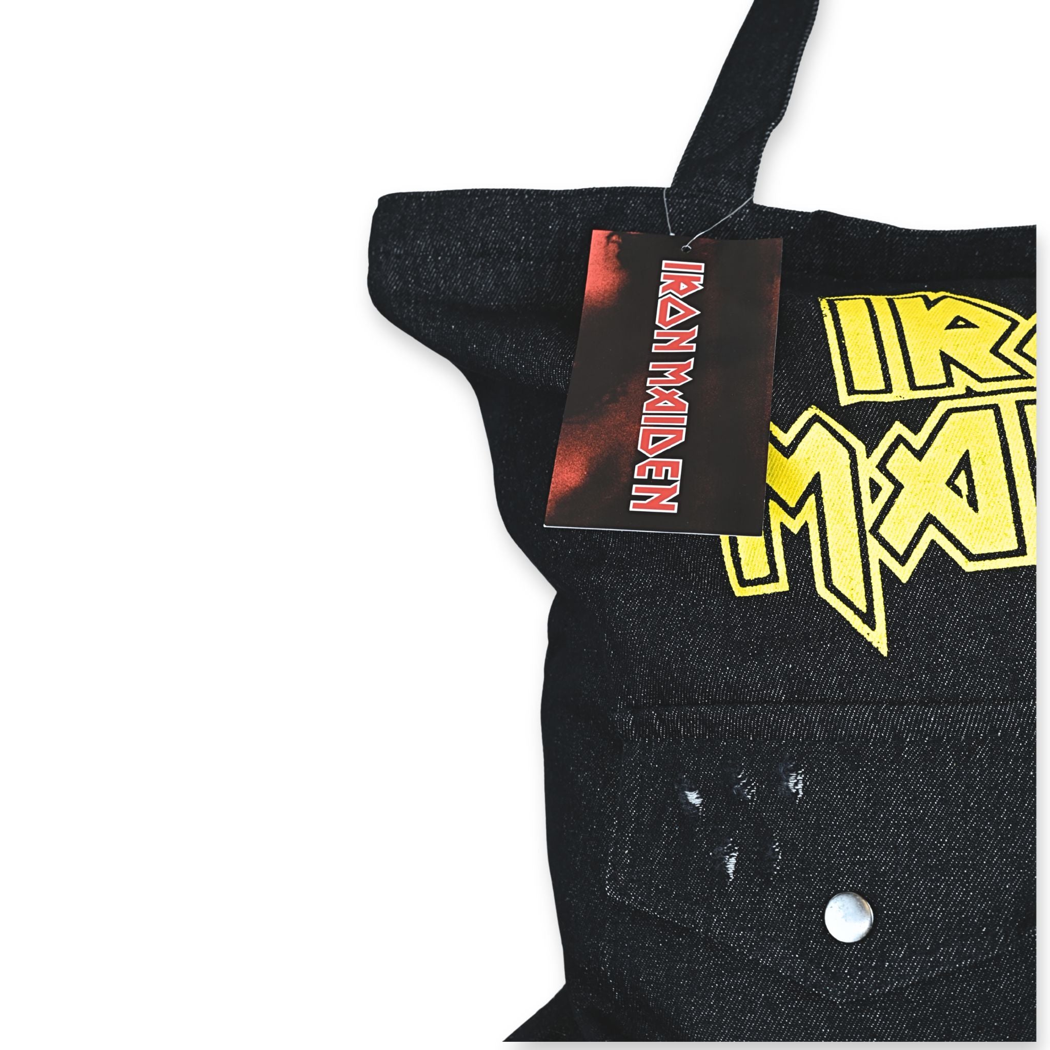 Etiqueta cartón original bolso tote Iron Maiden denim – merchandising oficial con hangtag – Softcrabshop

