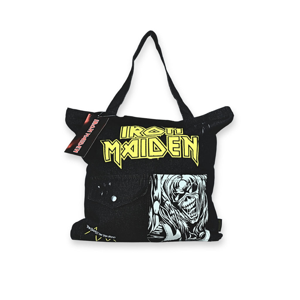 Bolso tote oficial Iron Maiden denim negro – logo amarillo eléctrico y parche Eddie The Head – Softcrabshop
