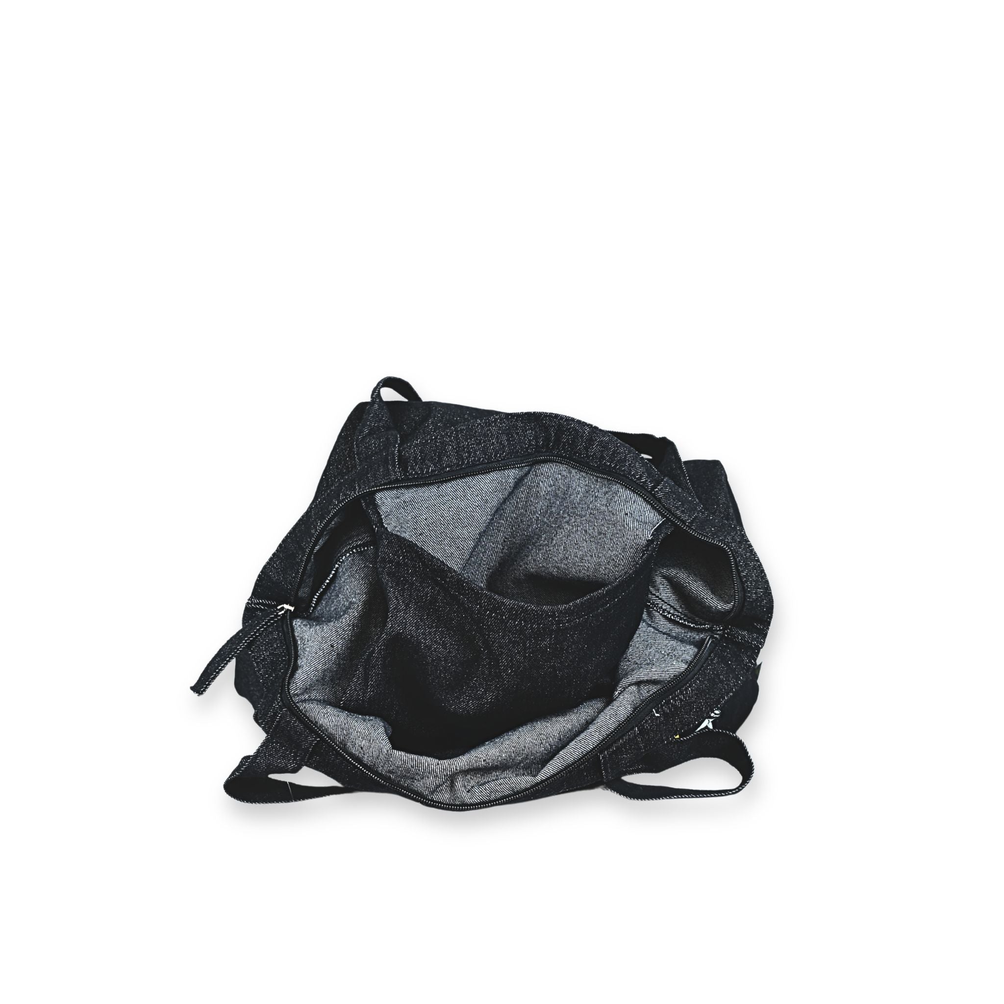 Bolso tote Iron Maiden denim – vista superior abierto mostrando interior y cremallera – Softcrabshop
