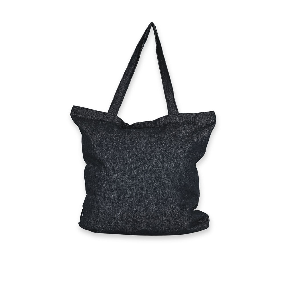 Bolso tote Iron Maiden denim negro – vista trasera limpia con fuelle base 12 cm – Softcrabshop
