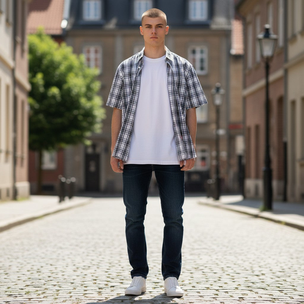 Camisa Levi's Western vintage azul cuadros en modelo- Vista lateral talla M