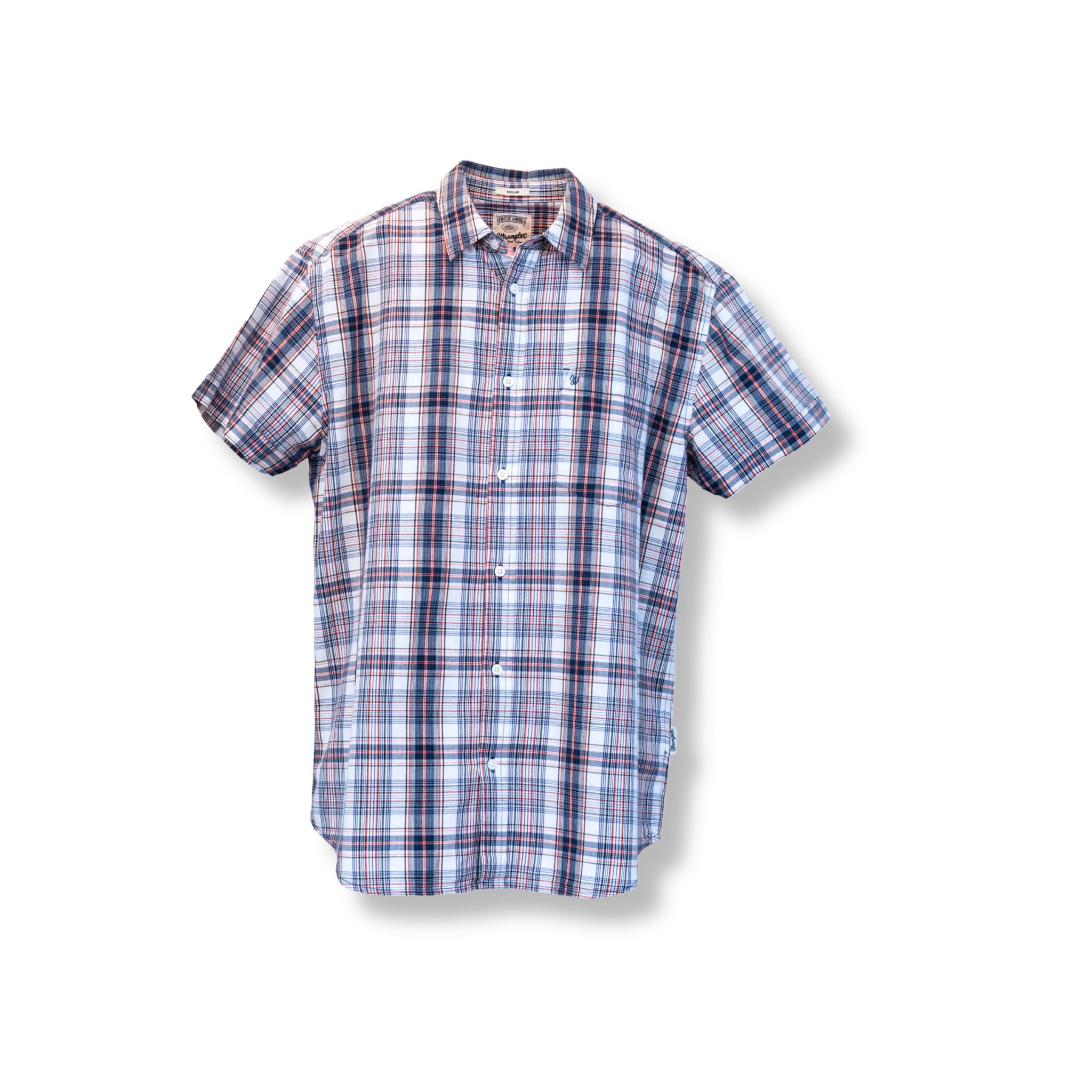Camisa Wrangler vintage Spirit of America manga corta cuadros azul naranja