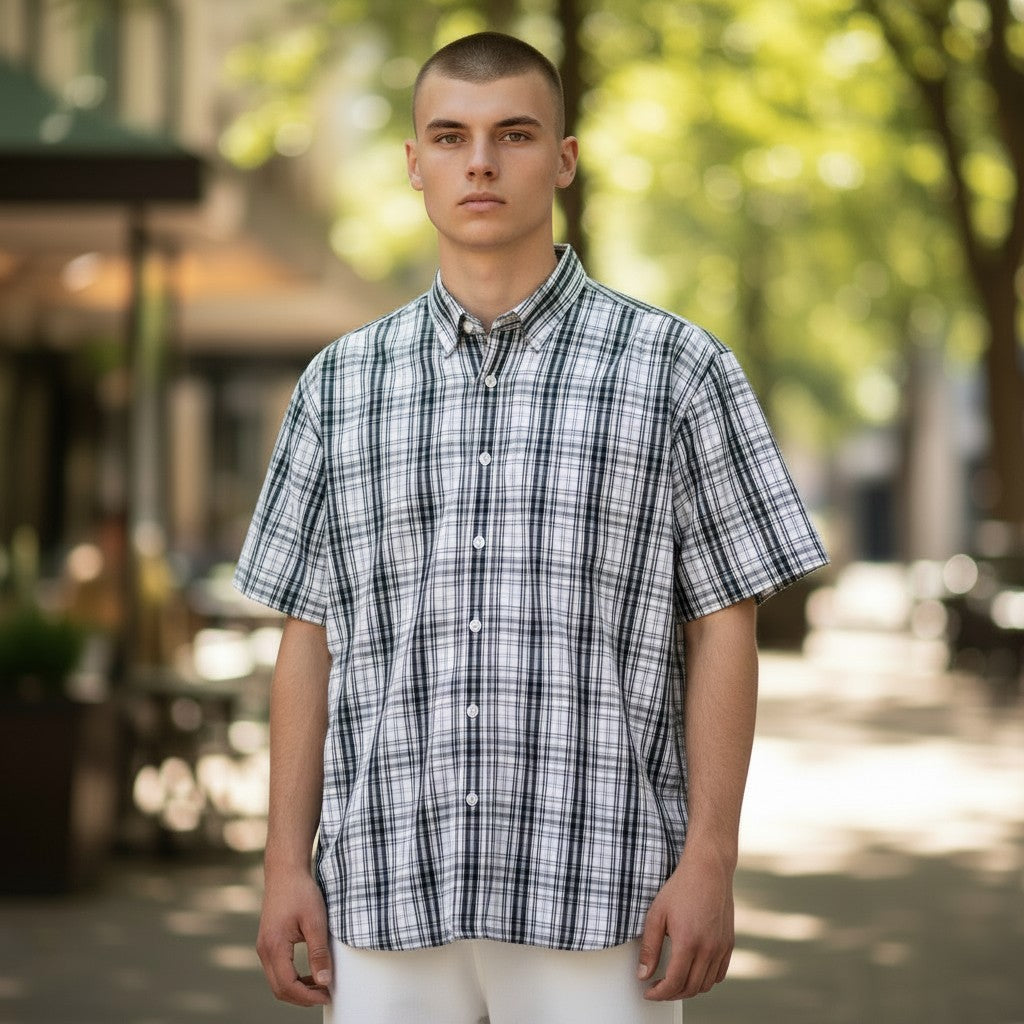 Camisa Levi's Western vintage azul cuadros en modelo- Vista frontal edición Skull Tab
