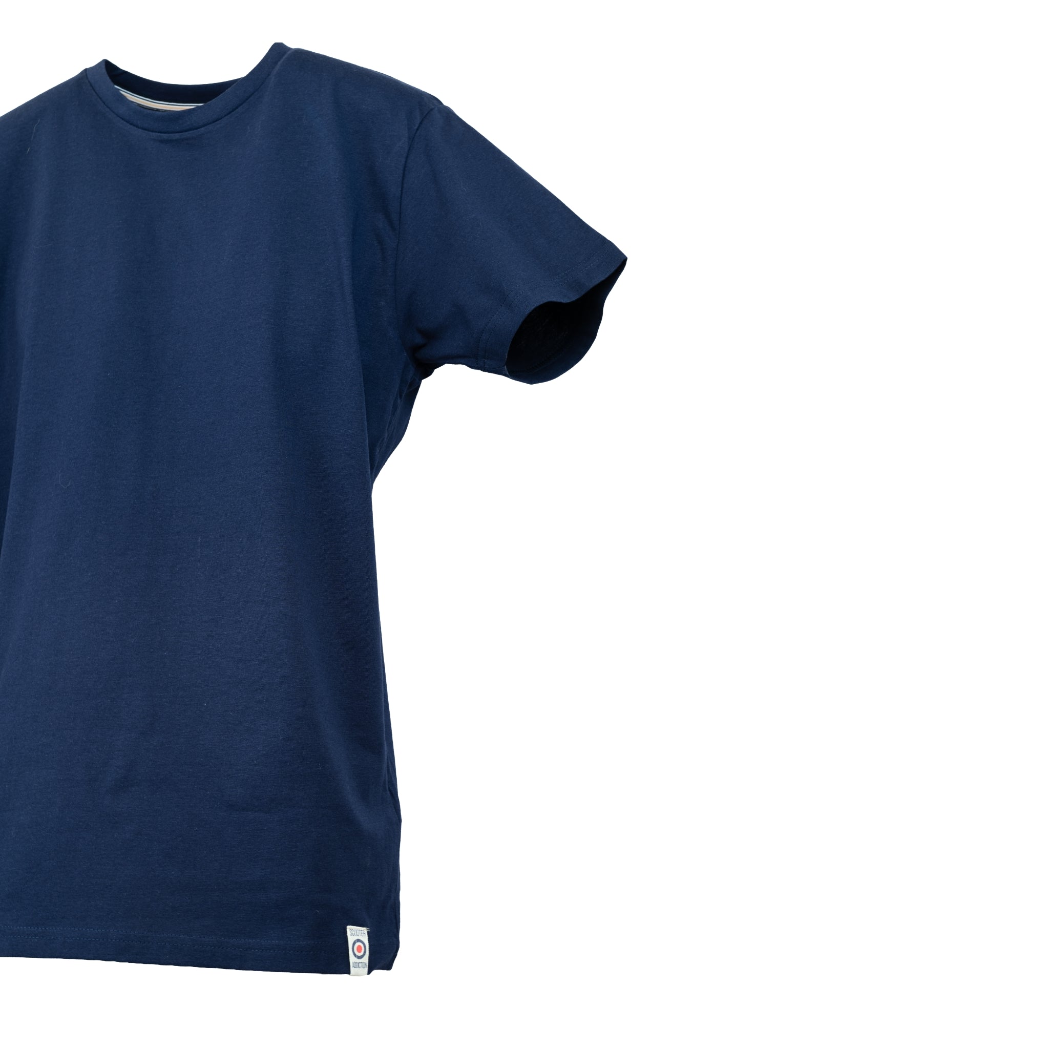 Camiseta azul marino Scooter Addiction vista lateral - etiqueta escarapela mod en bajo
