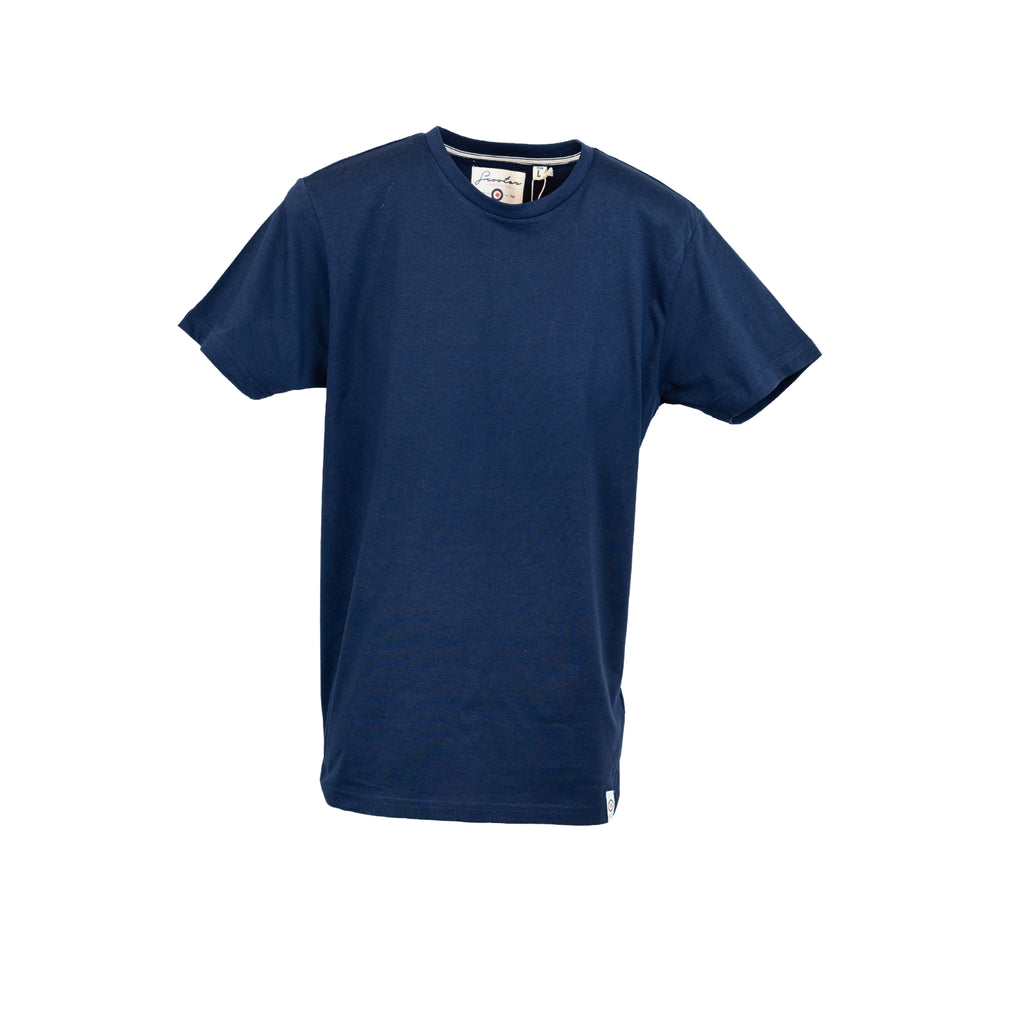 Camiseta azul marino Scooter Addiction vista frontal fondo blanco - cuello redondo algodón peinado
