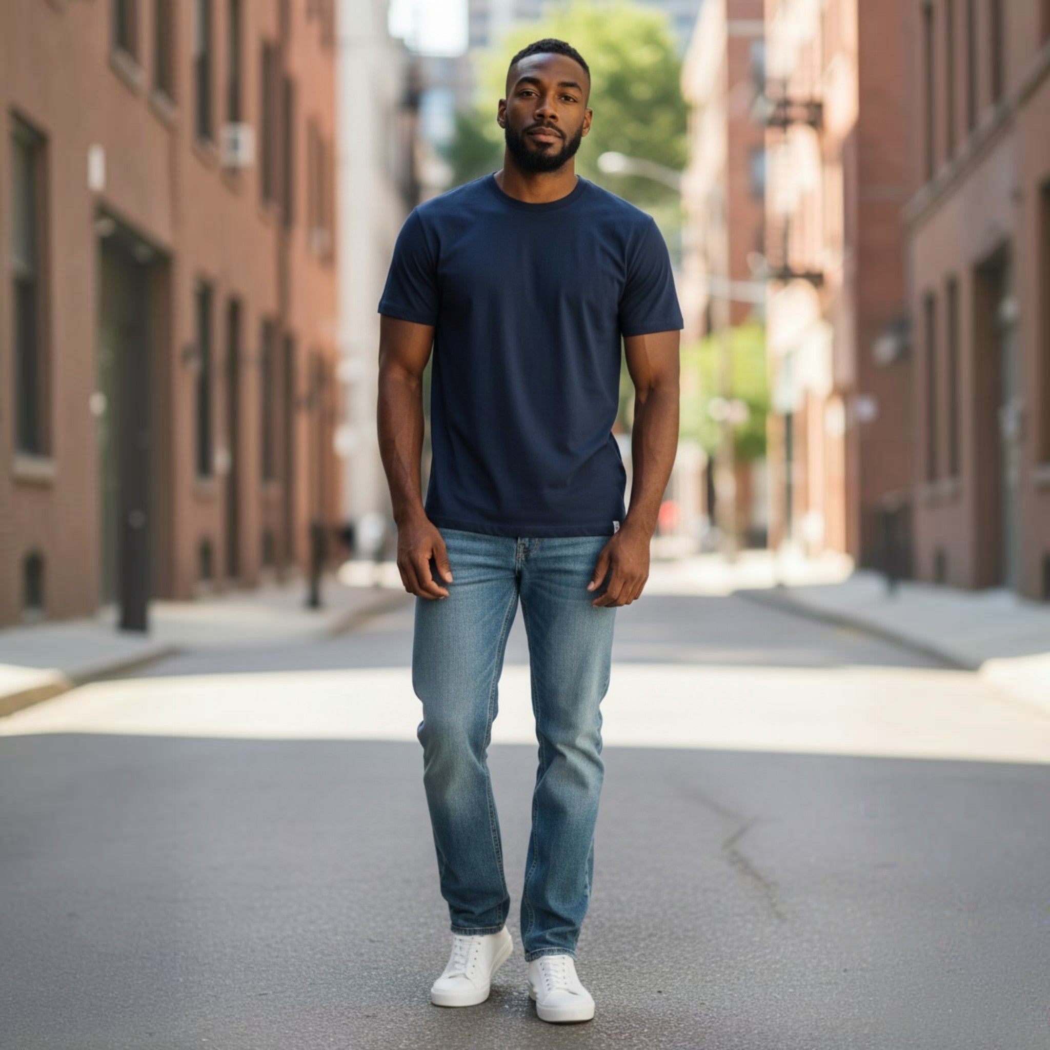 Camiseta básica navy Scooter Addiction - hombre con camiseta azul marino y vaqueros en calle urbana