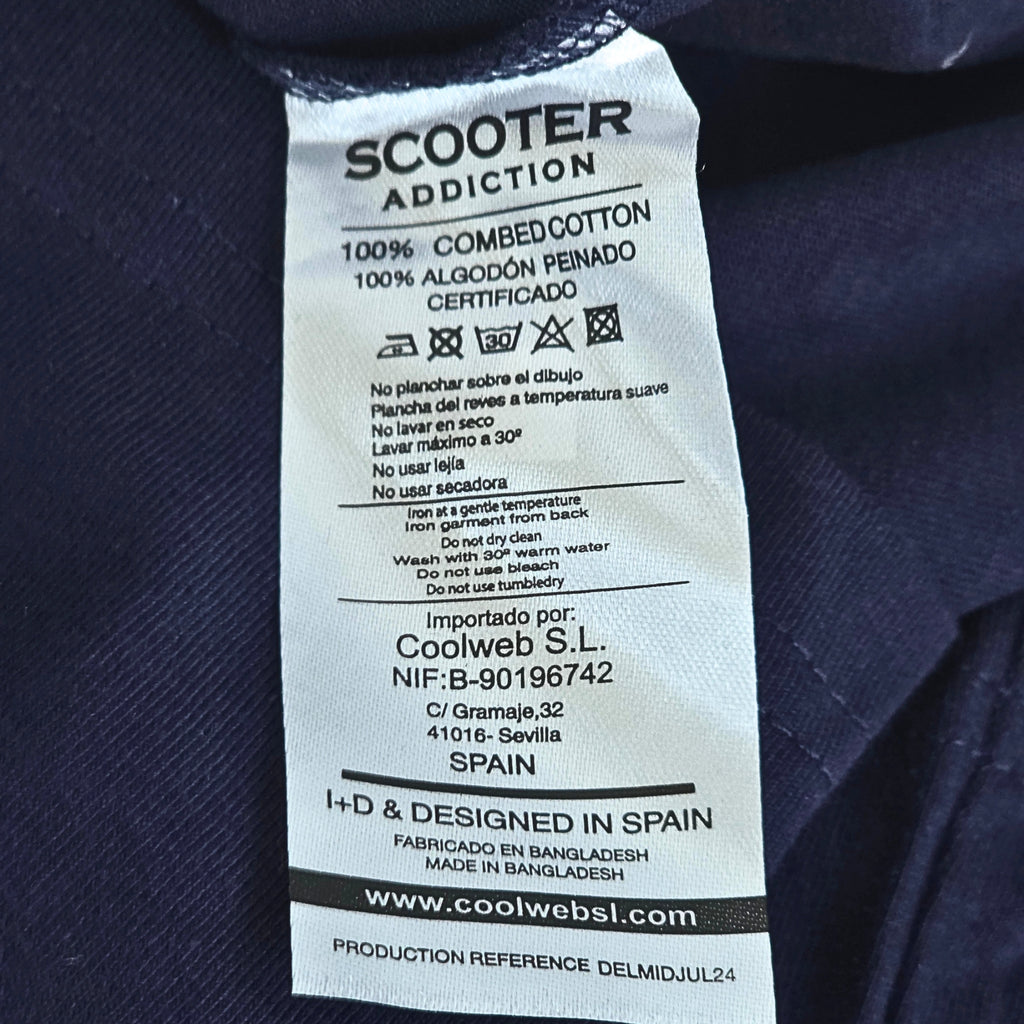 Especificaciones técnicas camiseta Scooter Addiction - composición 100% algodón peinado e instrucciones de lavado

