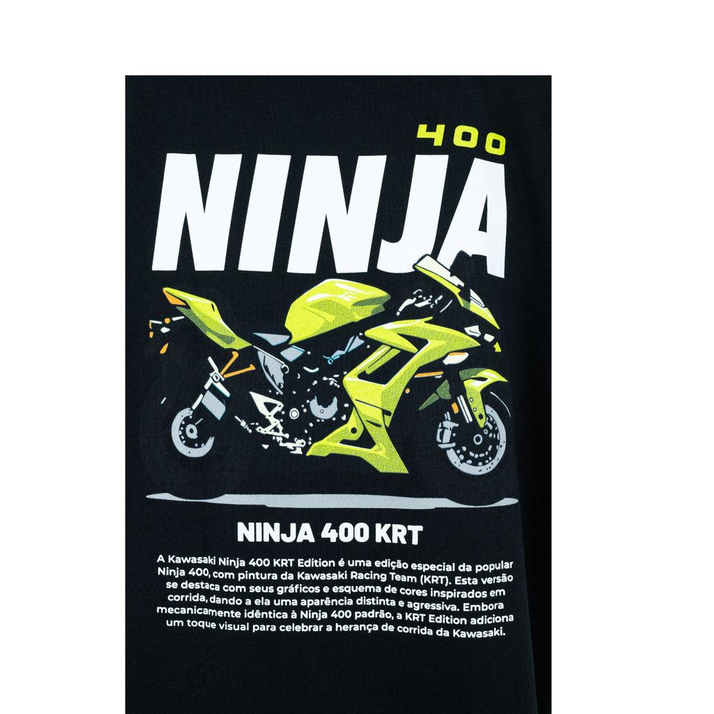 Detalle gráfico trasero camiseta TYS Ninja 400 KRT - ilustración Kawasaki Racing Team en verde lima y blanco
