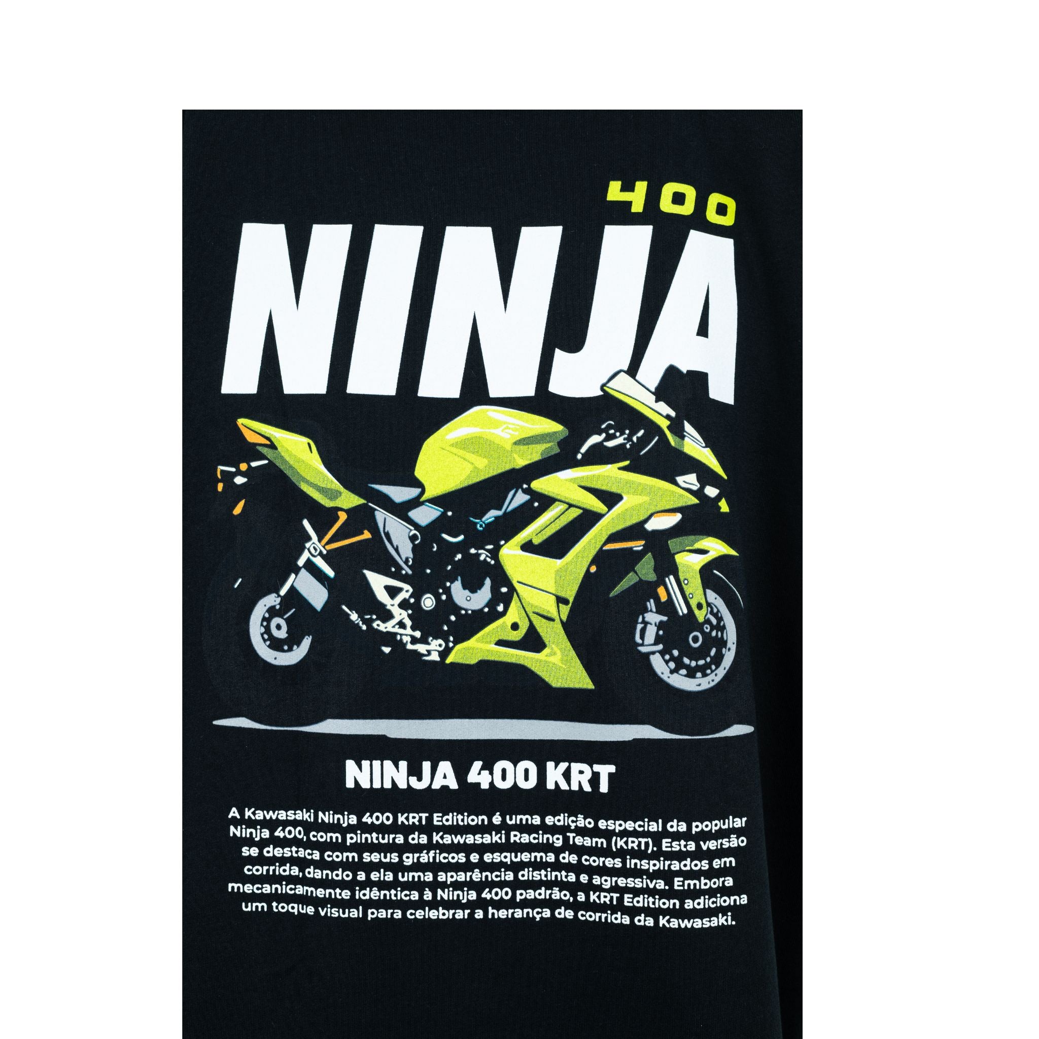 Detalle gráfico trasero camiseta TYS Ninja 400 KRT - ilustración Kawasaki Racing Team en verde lima y blanco
