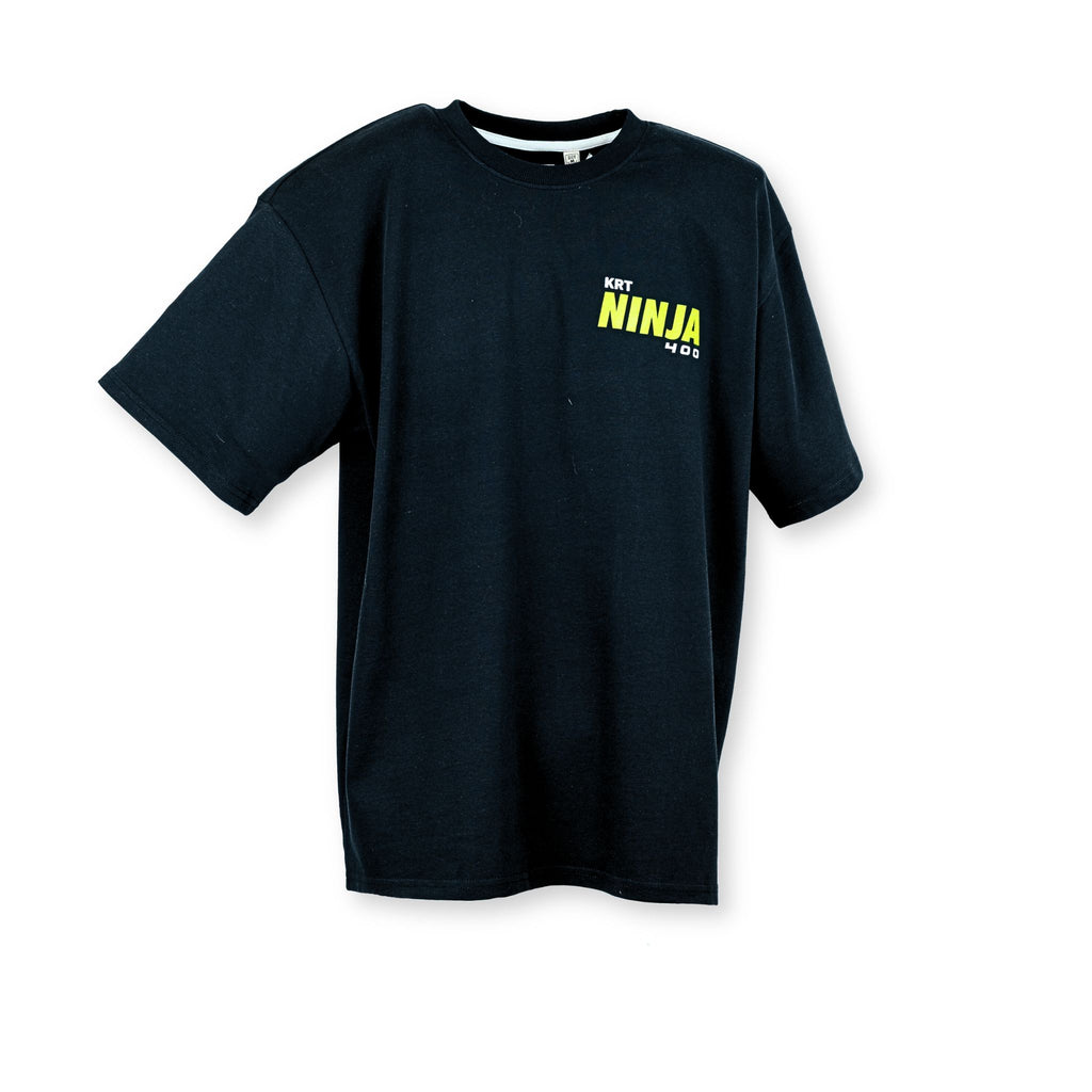 Camiseta negra TYS Kawasaki Ninja 400 KRT Edition - vista frontal con logo KRT Ninja 400 en pecho izquierdo
