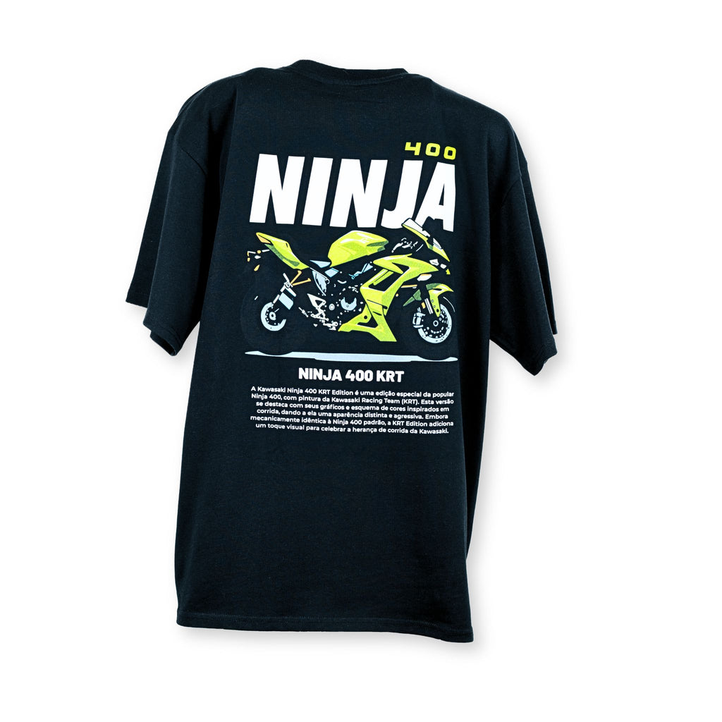 Camiseta negra TYS Kawasaki Ninja 400 KRT - espalda completa con gráfico moto y tipografía Ninja 400 KRT
