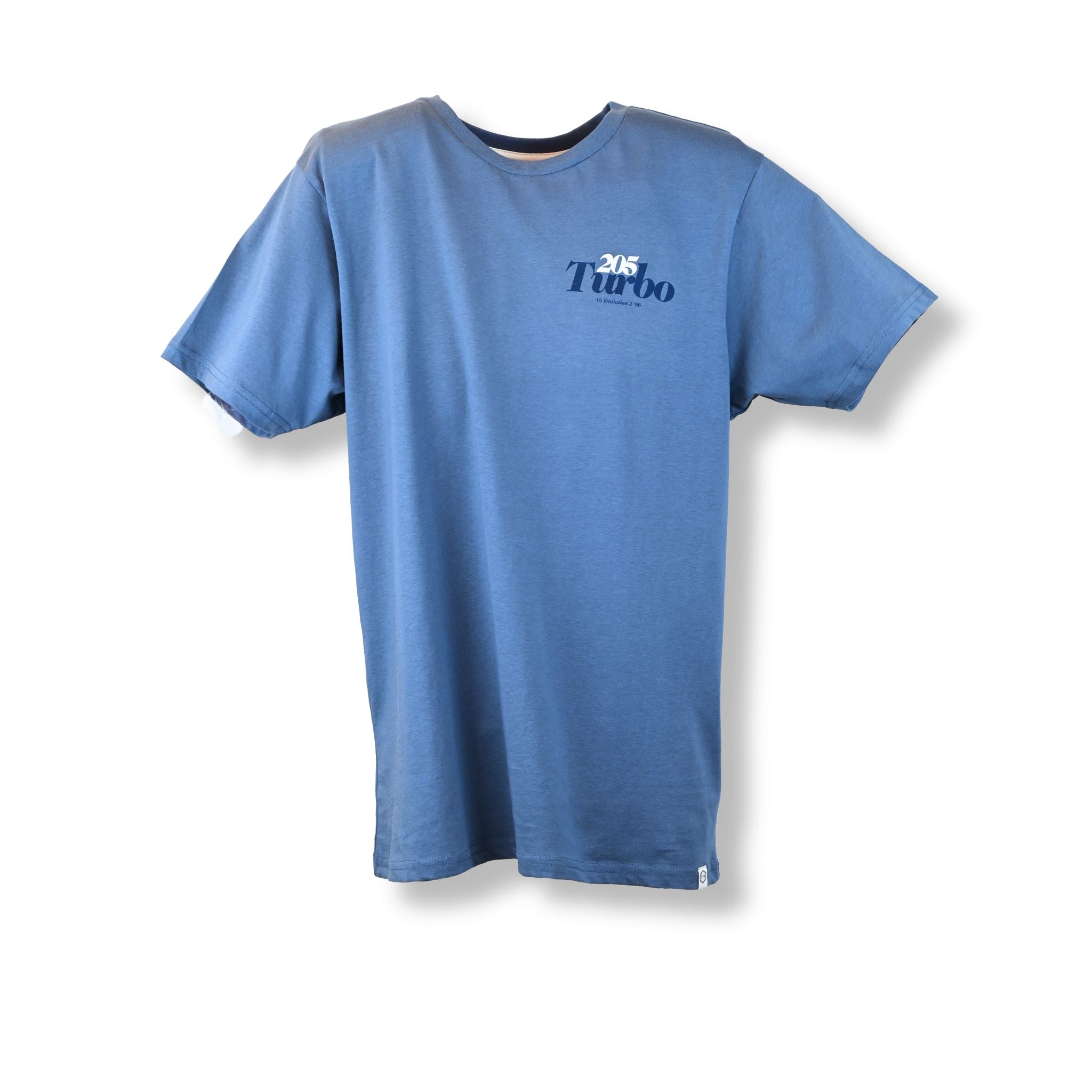 Camiseta TYS Peugeot 205 Turbo 16 azul denim – vista frontal con gráfico rally en el pecho

