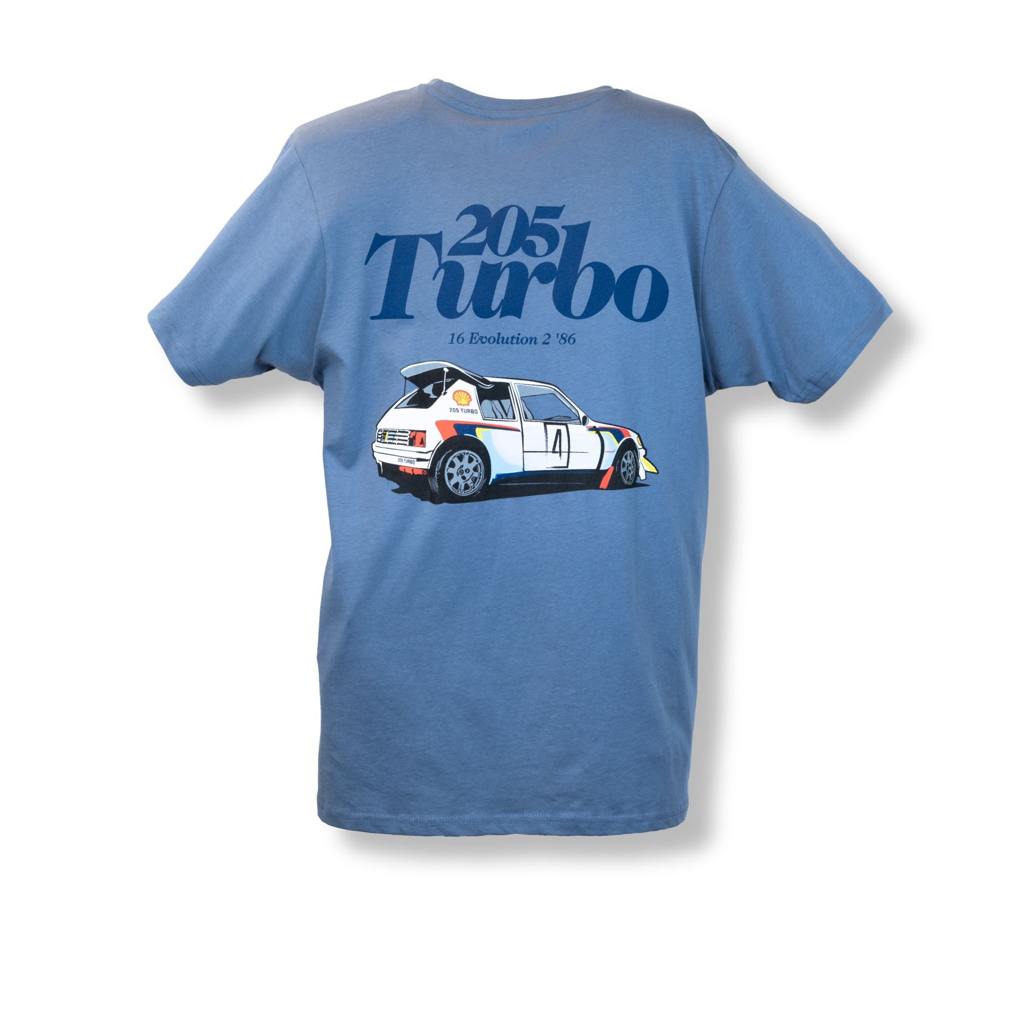 Camiseta TYS Peugeot 205 Turbo 16 azul denim – vista trasera lisa con etiqueta TYS lateral

