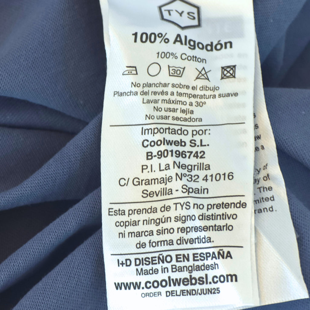 Etiqueta de composición TYS – 100% algodón, importado por Coolweb S.L. Sevilla, Made in Bangladesh
