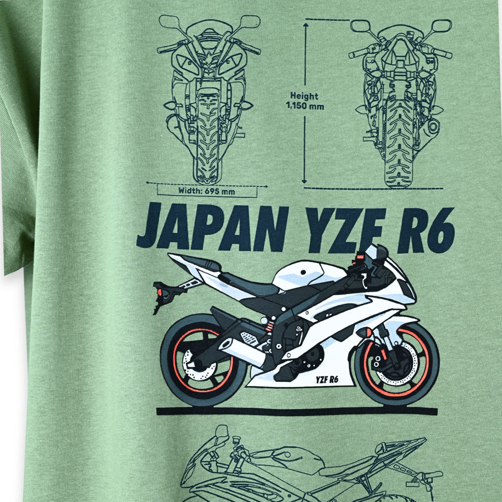 Detalle gráfico trasero camiseta TYS Yamaha YZF R6 con ilustración color de la moto y esquema técnico con medidas
