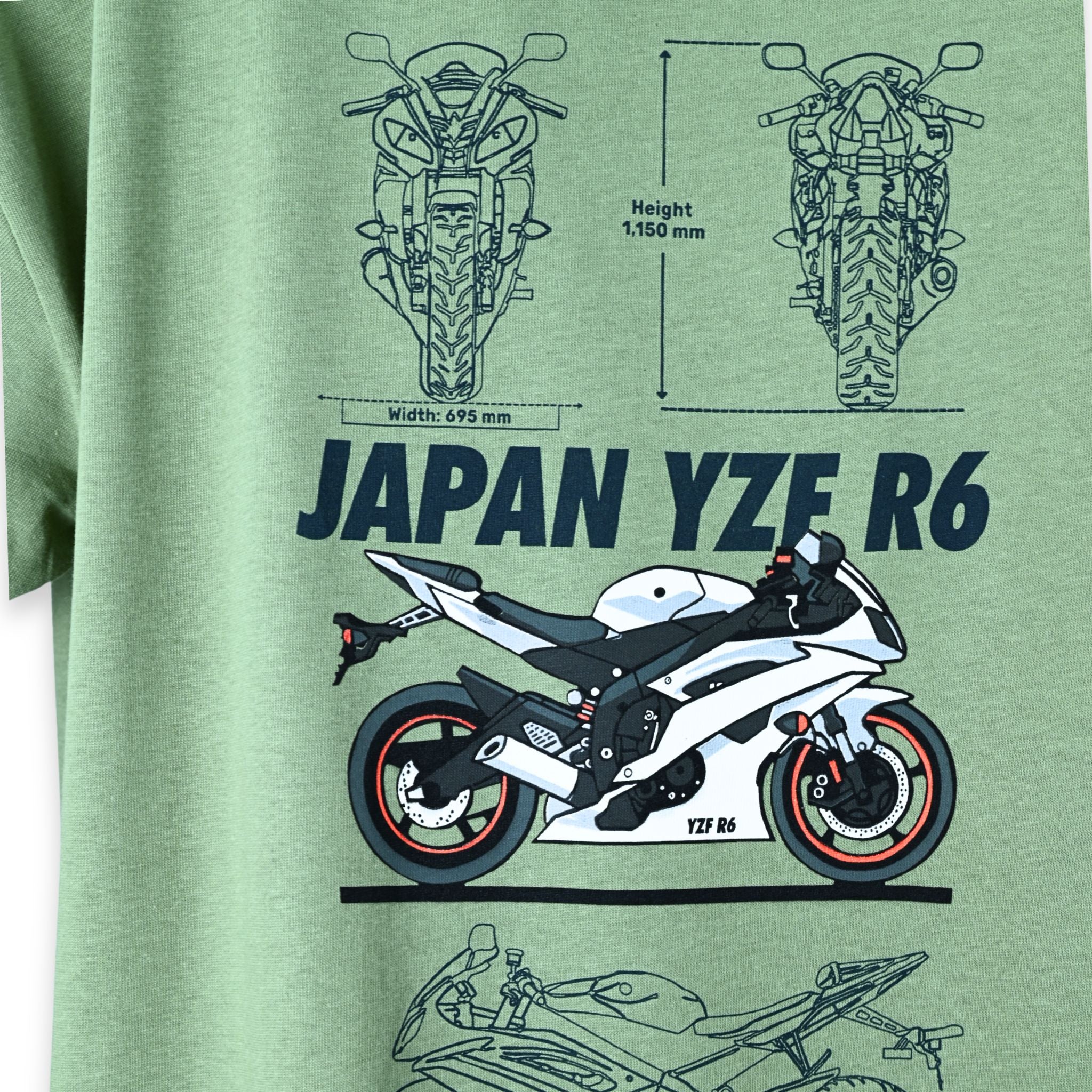 Detalle gráfico trasero camiseta TYS Yamaha YZF R6 con ilustración color de la moto y esquema técnico con medidas
