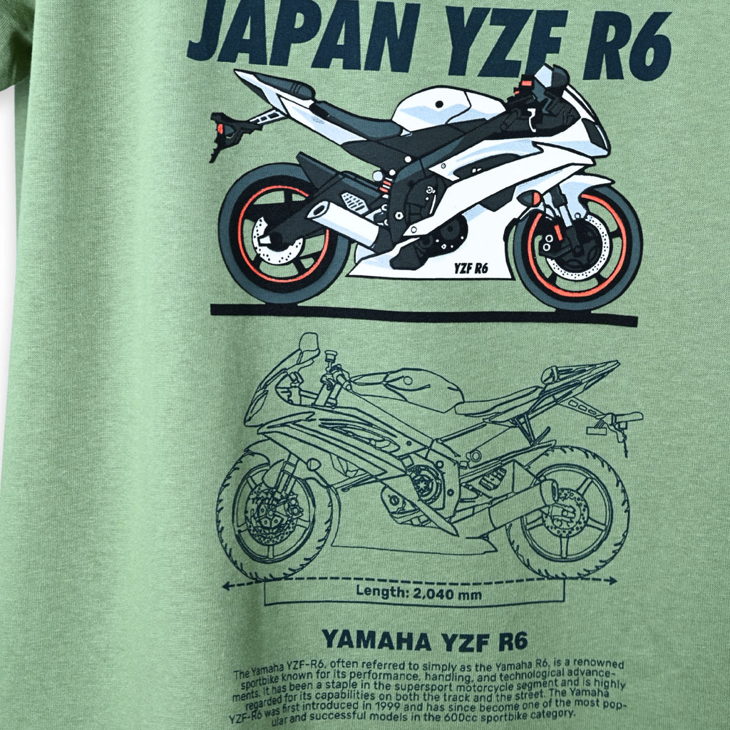 Detalle esquema técnico trasero camiseta TYS Japan YZF R6 con vistas frontal y lateral de la Yamaha YZF R6 y cotas
