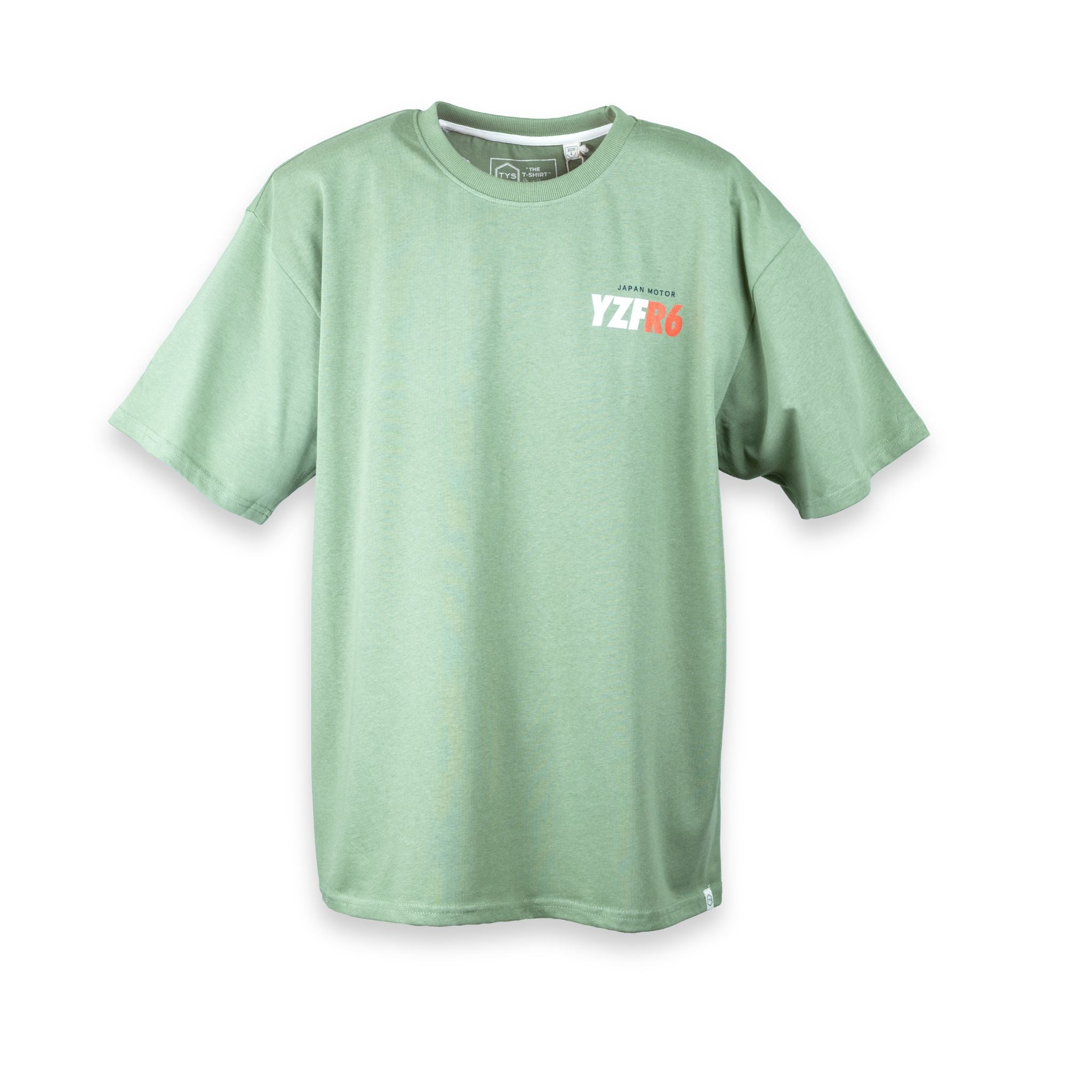 Camiseta oversize verde salvia TYS "The T-Shirt" con logo Japan Motor YZF R6 en pecho izquierdo

