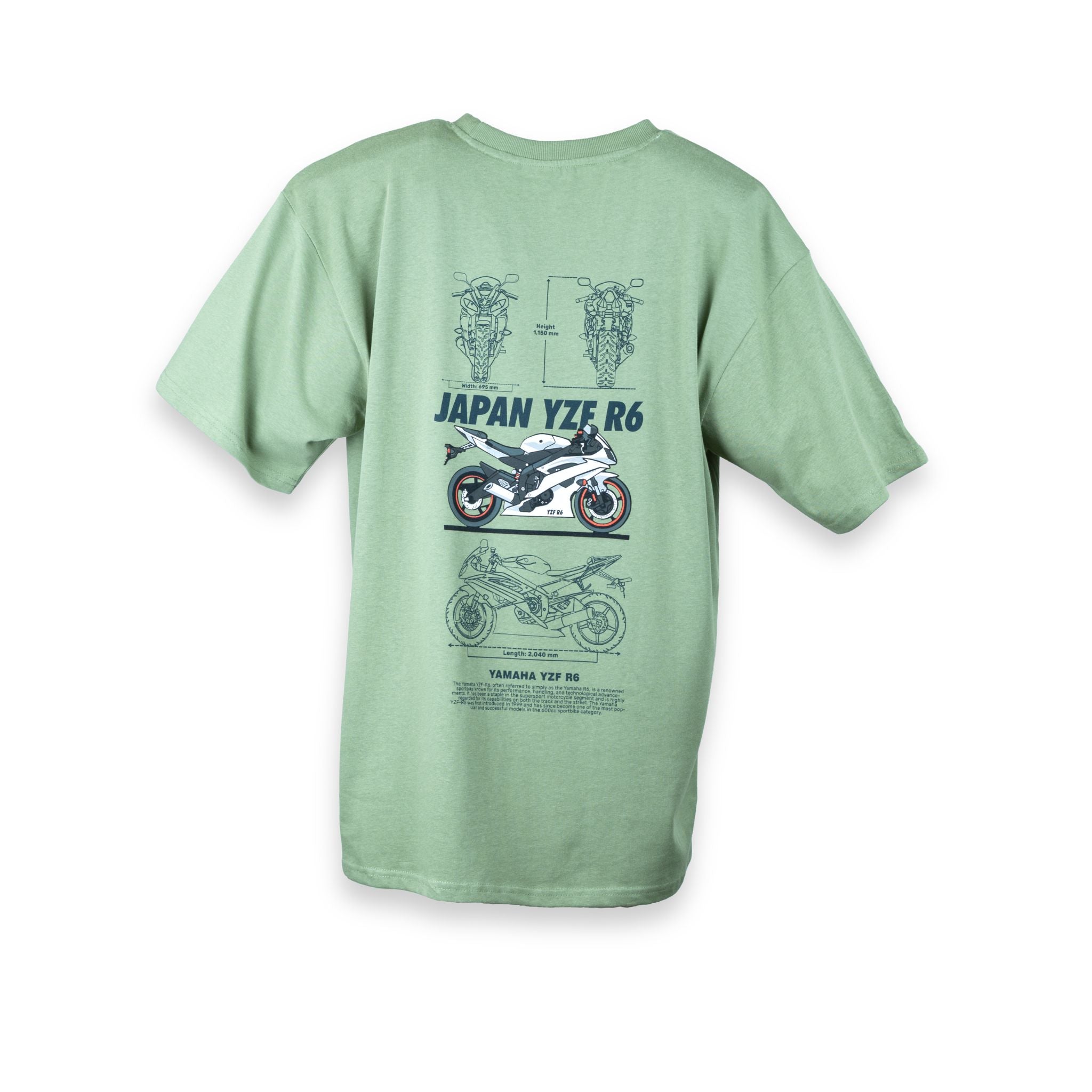 Camiseta oversize verde salvia TYS vista trasera con gráfico Japan YZF R6 Yamaha y esquema técnico de la moto