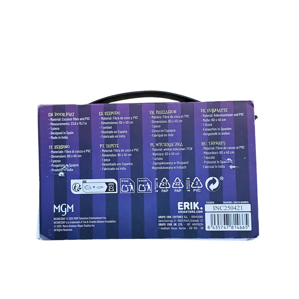 Reverso caja felpudo Miércoles Wednesday I Live With Thing con especificaciones técnicas, código de barras y licencia oficial MGM
