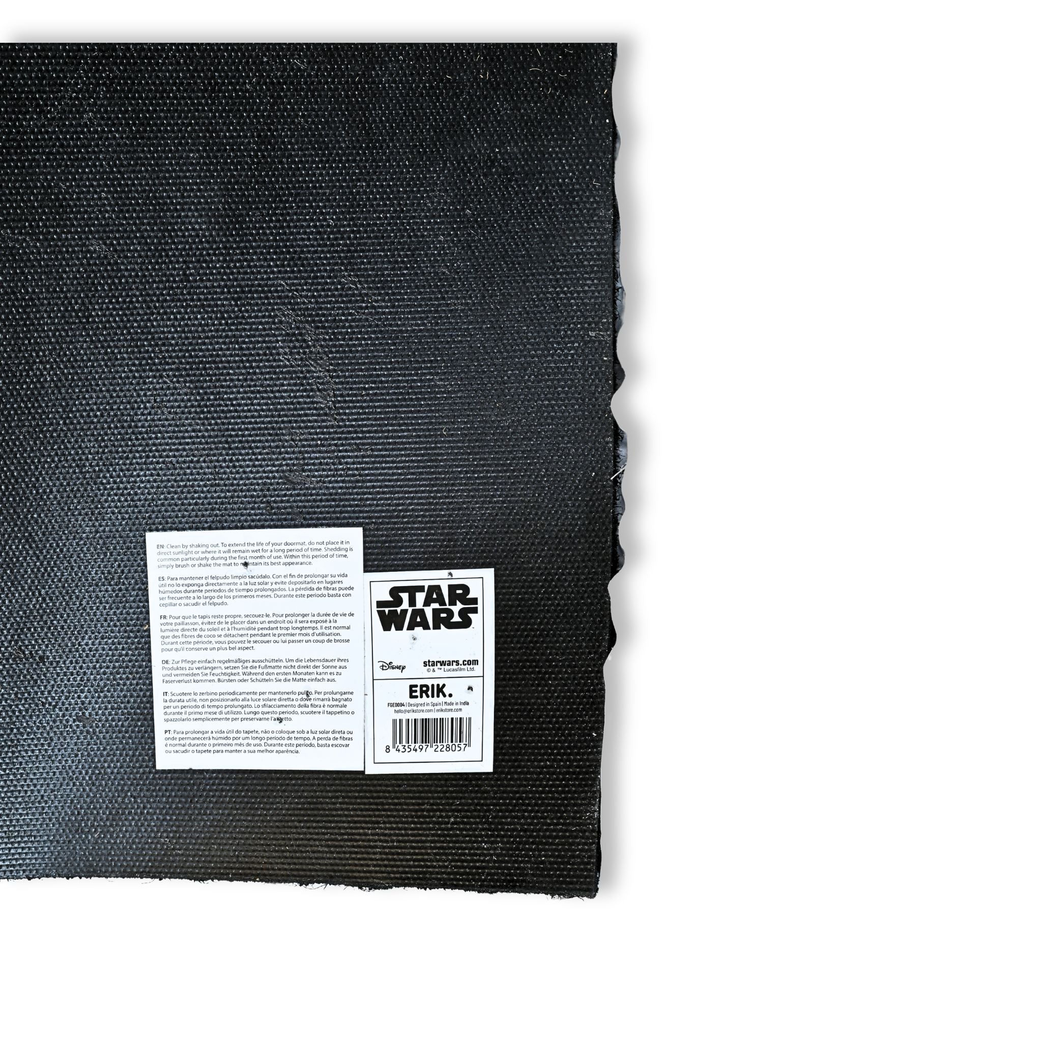 Felpudo oficial Star Wars Darth Vader Dark Side detalle etiqueta trasera con código de barras EAN 8435497228057
