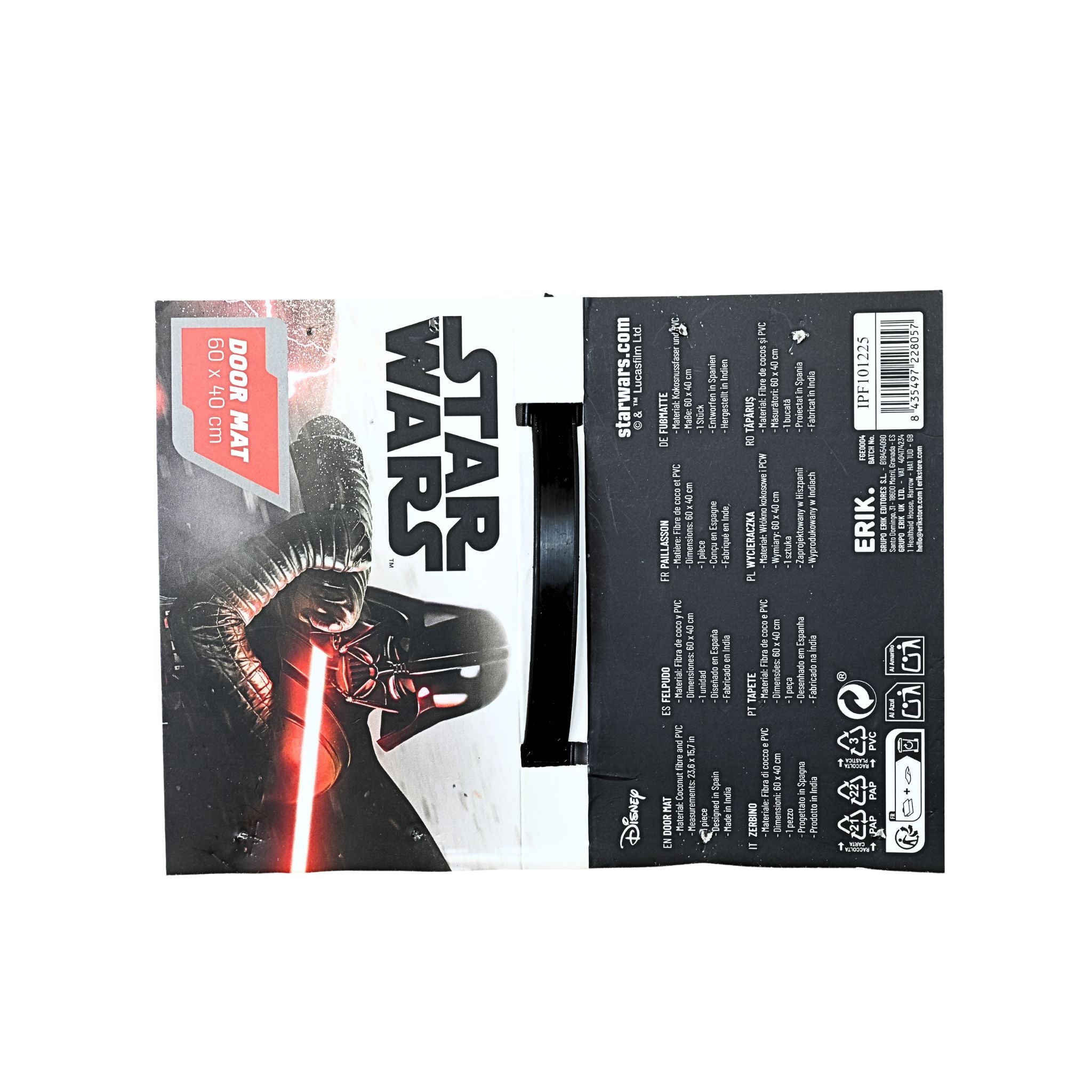 Felpudo oficial Star Wars Darth Vader Dark Side etiqueta trasera con créditos Disney Lucasfilm y referencia Erik
