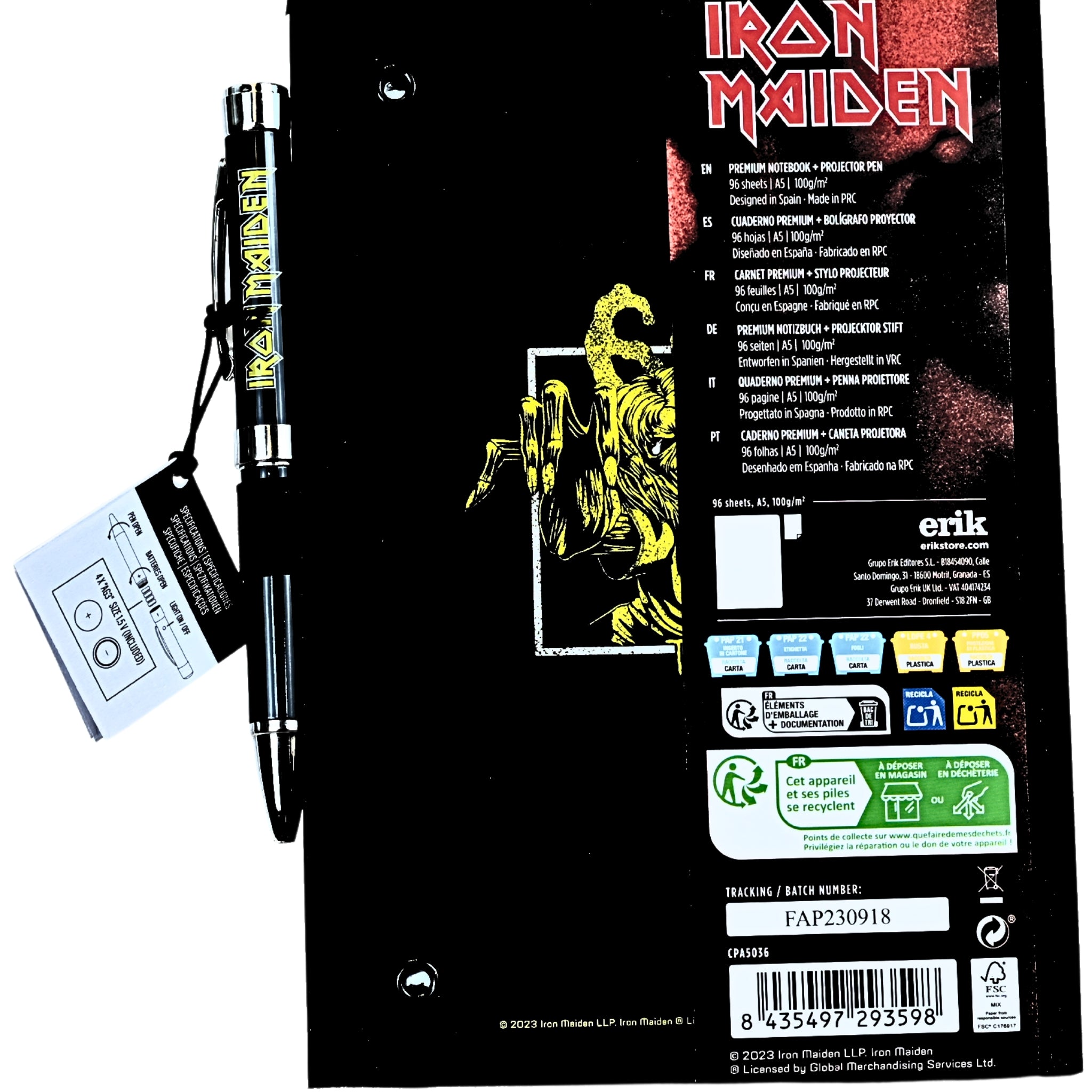 Detalle código de barras y datos técnicos pack libreta bolígrafo Iron Maiden Grupo Erik