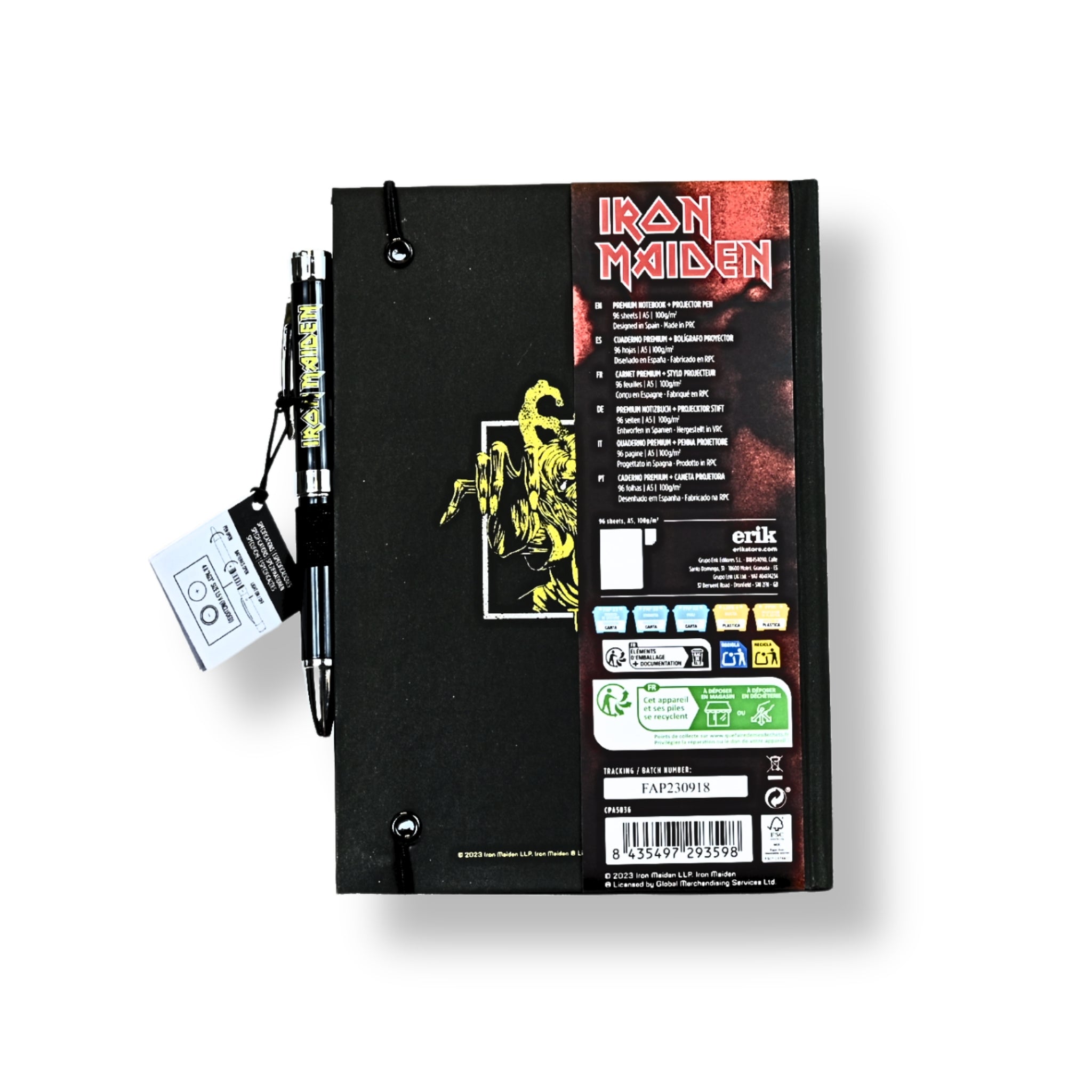 tiqueta trasera pack Iron Maiden con código de barras y licencia Global Merchandising Services