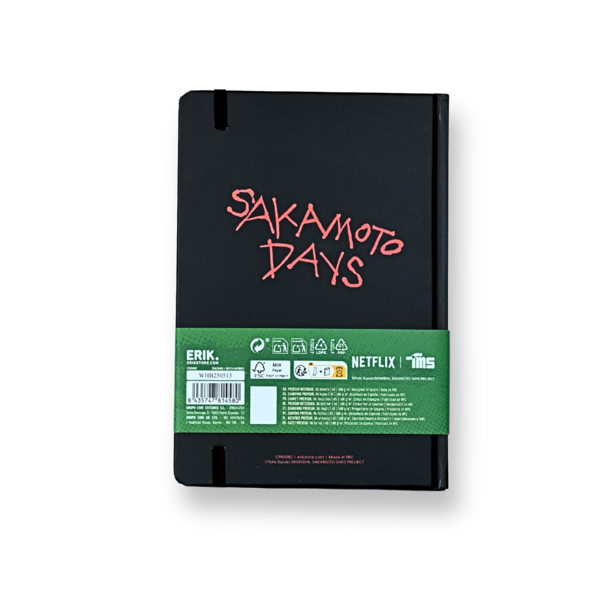 Libreta premium Sakamoto Days A5 con faja verde Netflix vista trasera e información del producto
