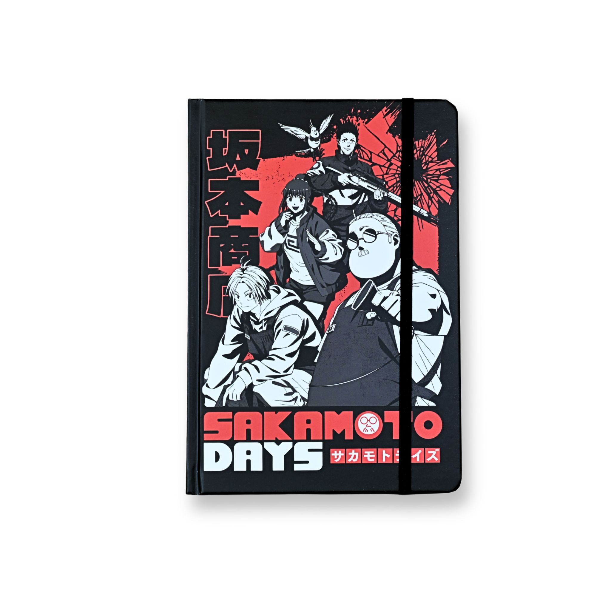 Libreta premium Sakamoto Days A5 tapa negra con logo rosa y goma elástica negra
