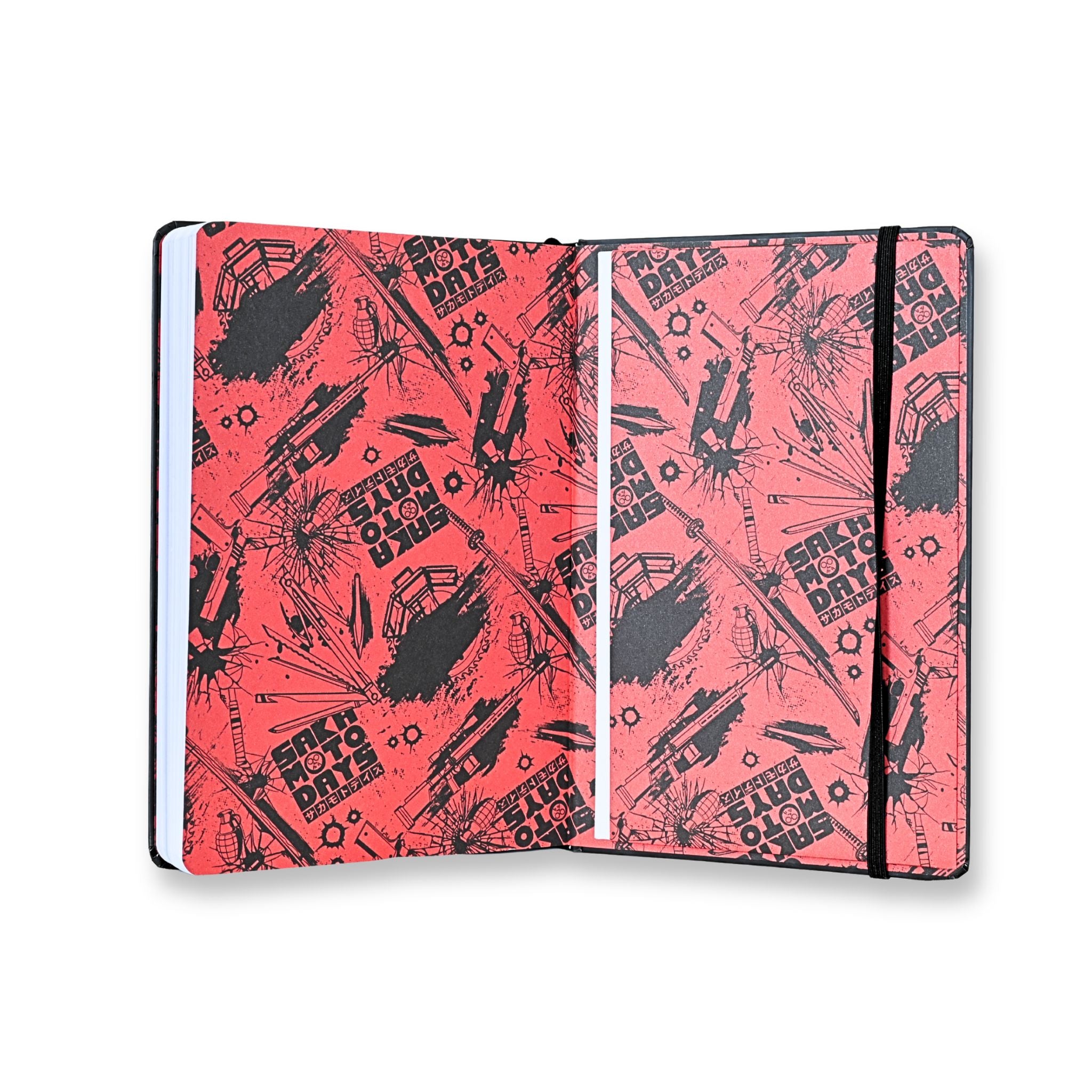 Libreta premium Sakamoto Days A5 abierta mostrando guardas interiores rojas con patrón de armas y logo
