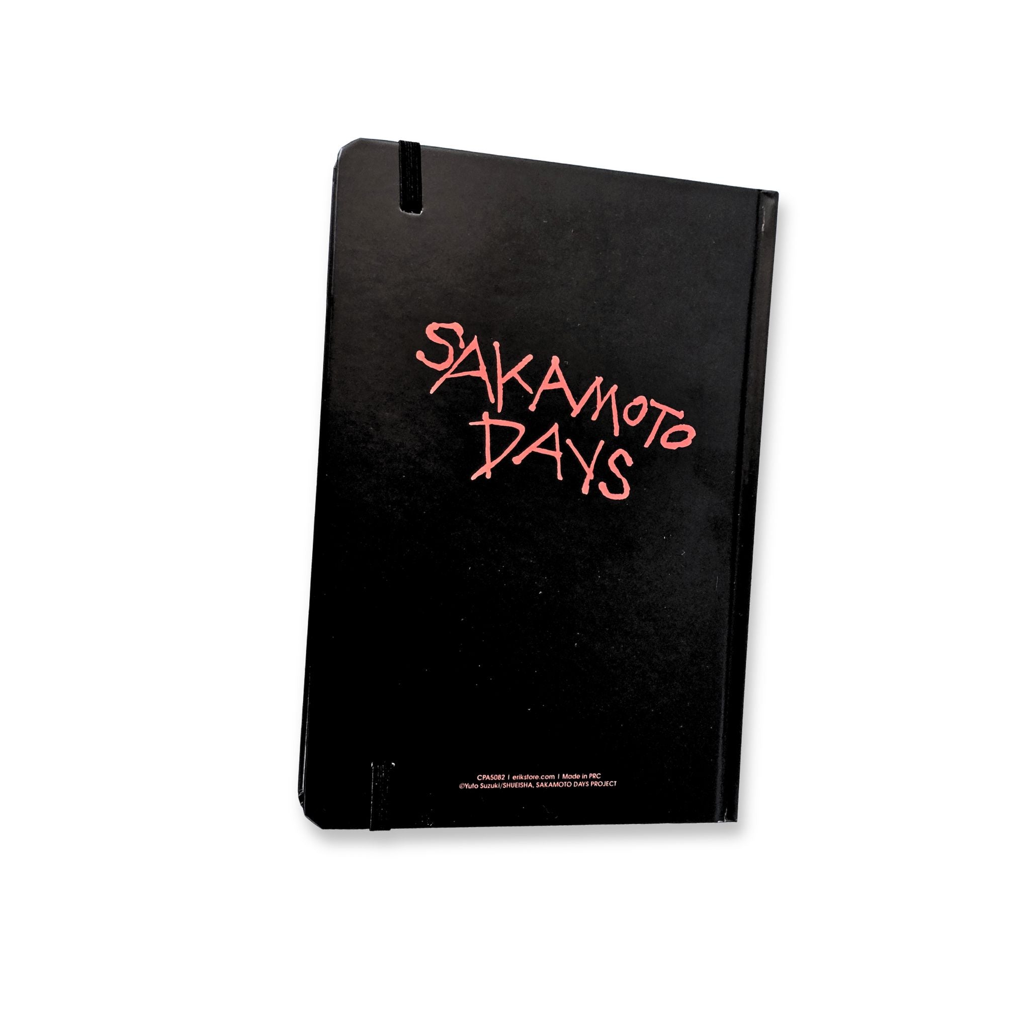 Libreta premium Sakamoto Days A5 contraportada negra con logo rosa y código de barras Erik
