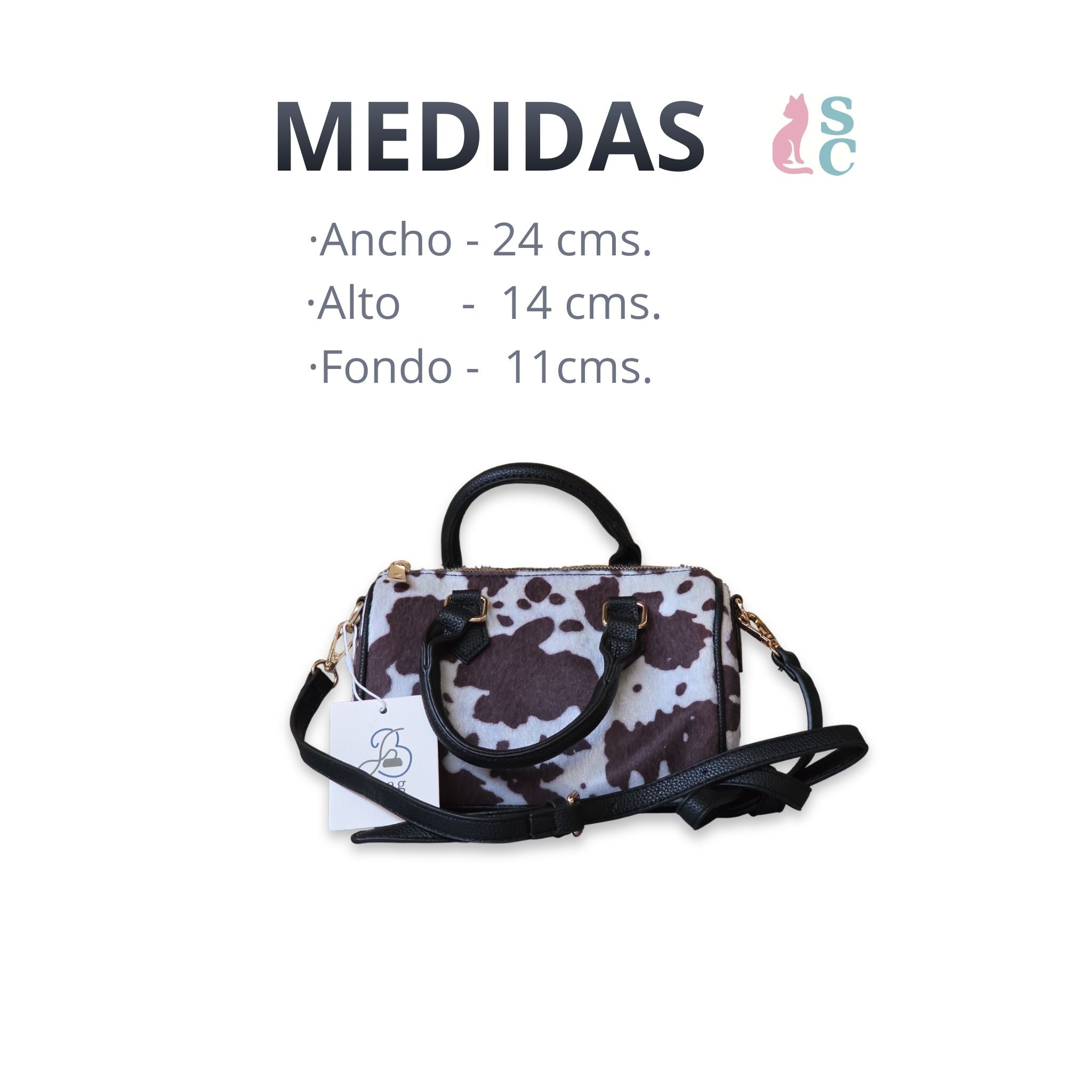 Guía de medidas bolso Boston Bowling Abag estampado Cow Print
