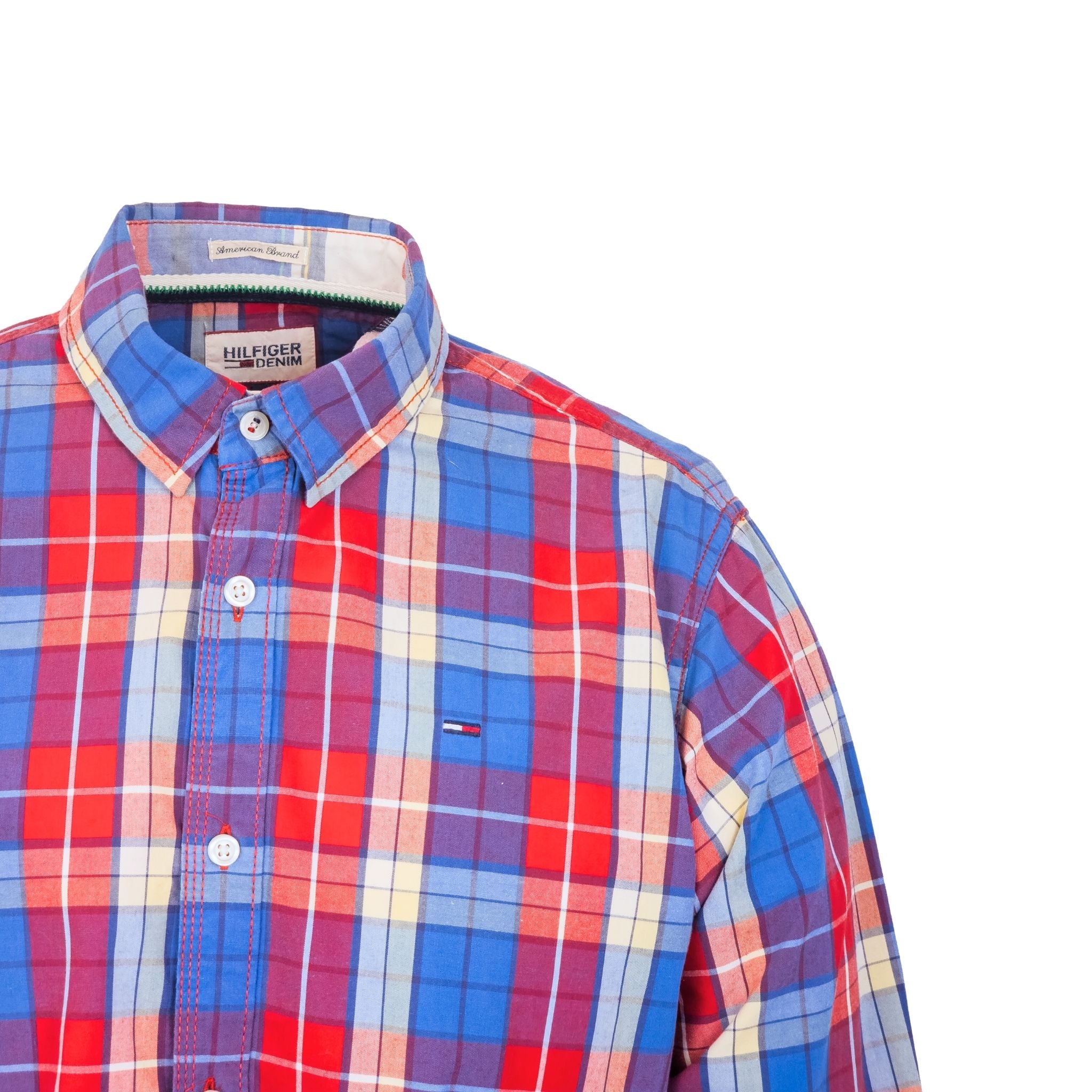 Camisa Hilfiger Denim cuadros azul rojo medio plano talla S
