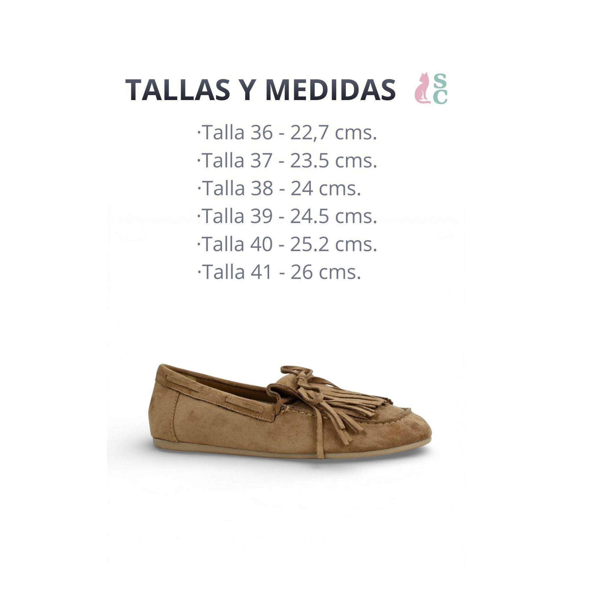 Guía de medidas y tallas de mocasines de antelina camel con flecos
