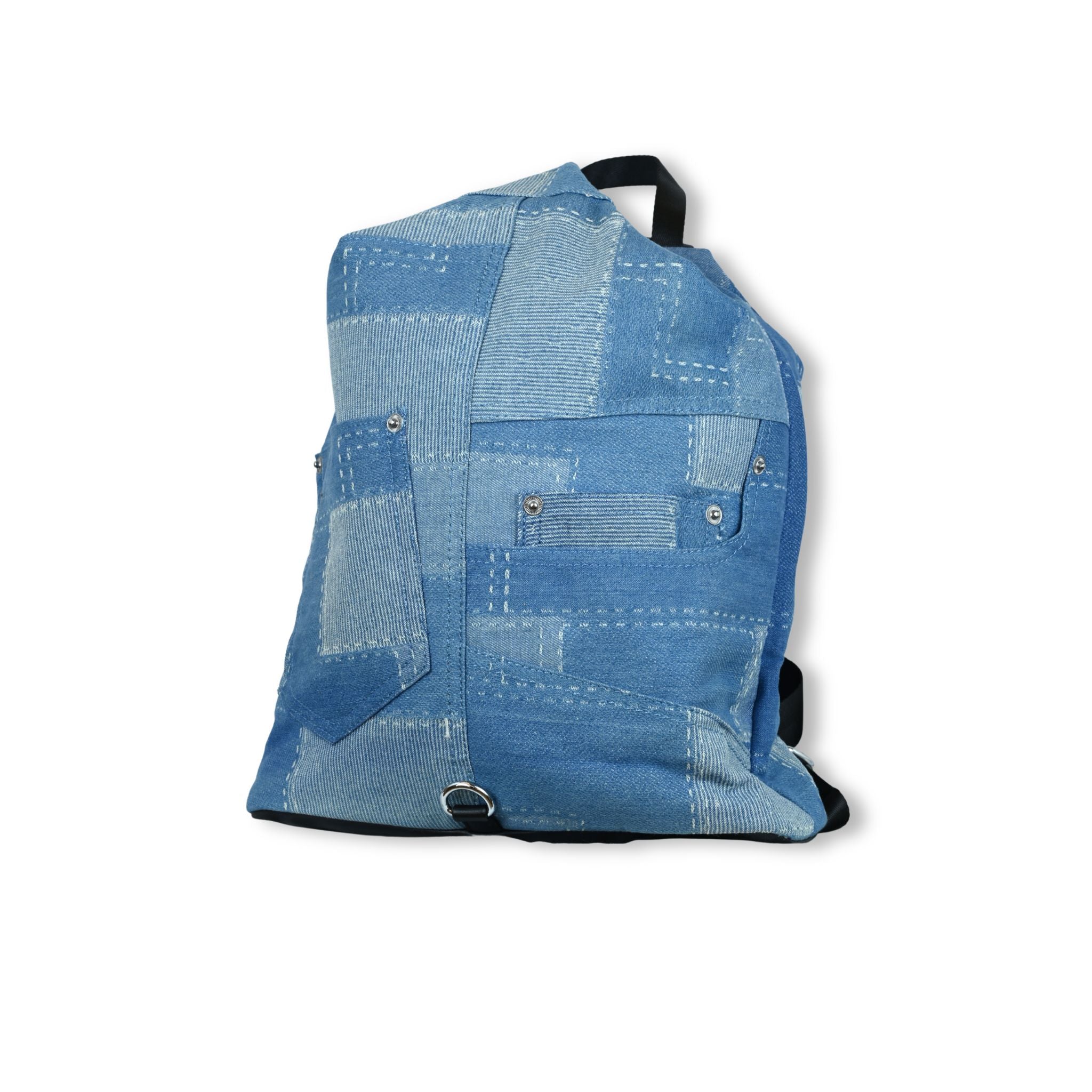 Mochila Denim Patchwork detalle frontal retales vaqueros índigo | White Tabs
