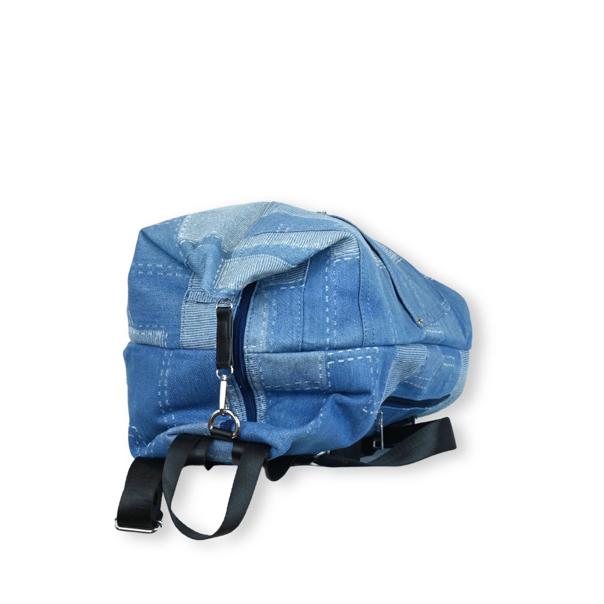 Mochila Denim Patchwork vista superior con cierre cremallera | Soft Crab