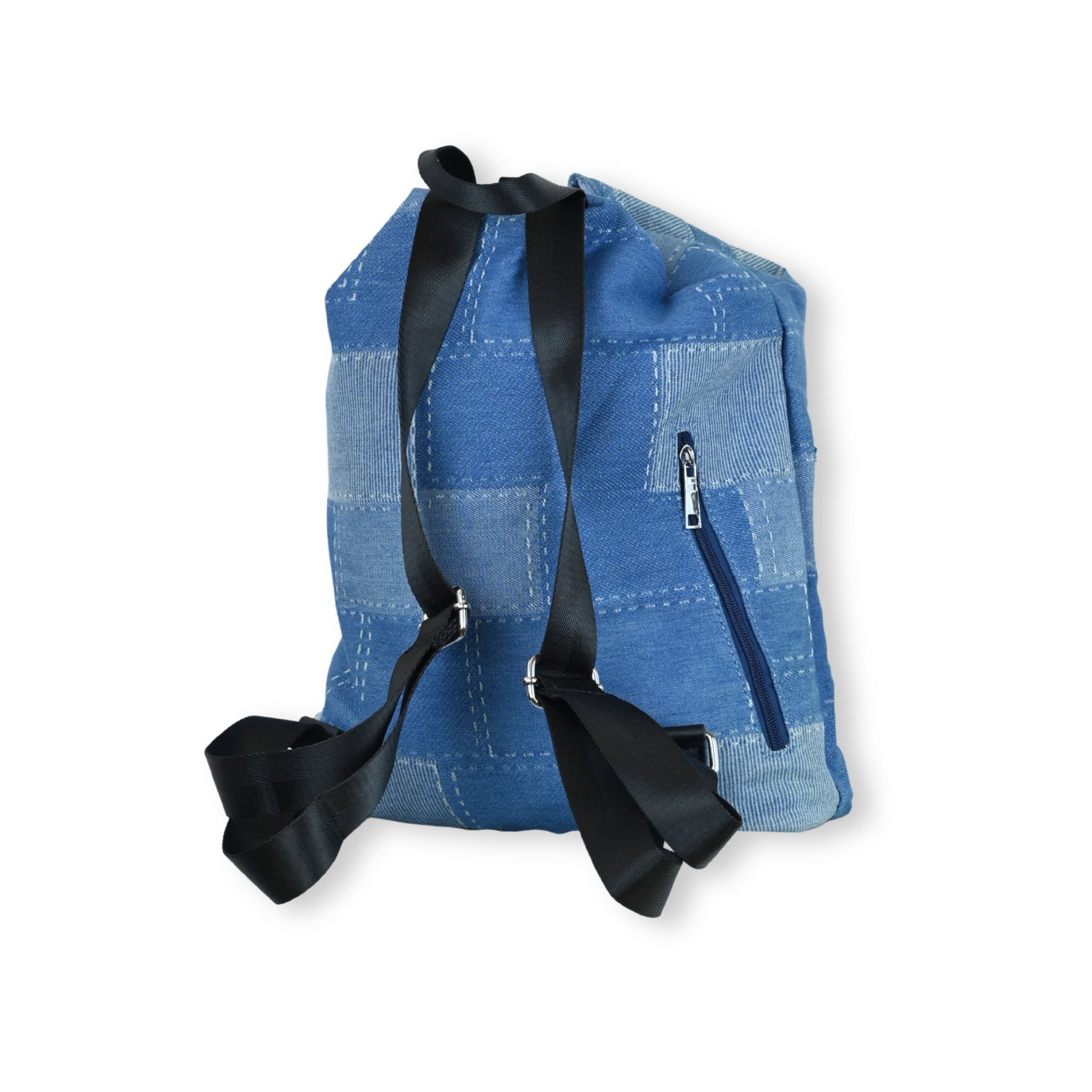 Mochila Denim Patchwork vista trasera con asas y correas regulables | Soft Crab