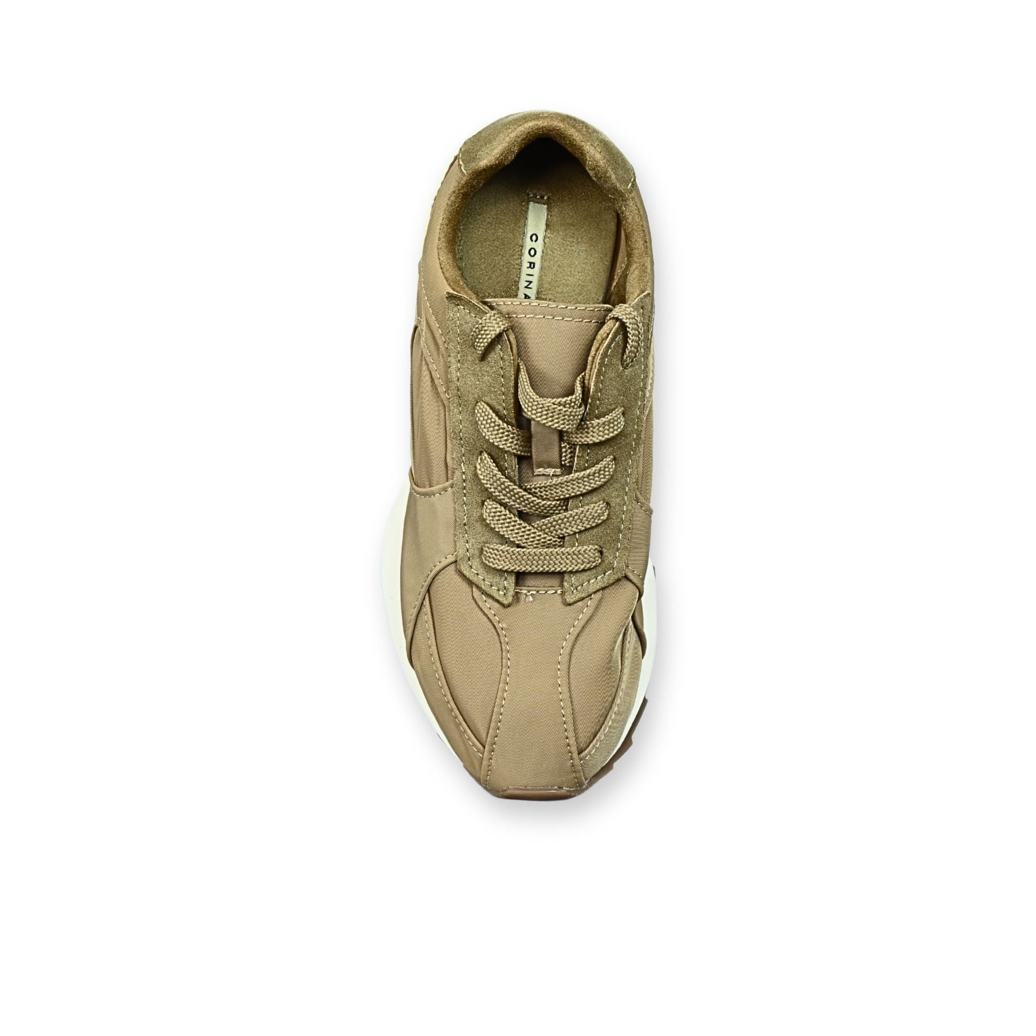 Sneakers Corina M5115 Camel - Vista cenital, cordones y paneles en tono camel

