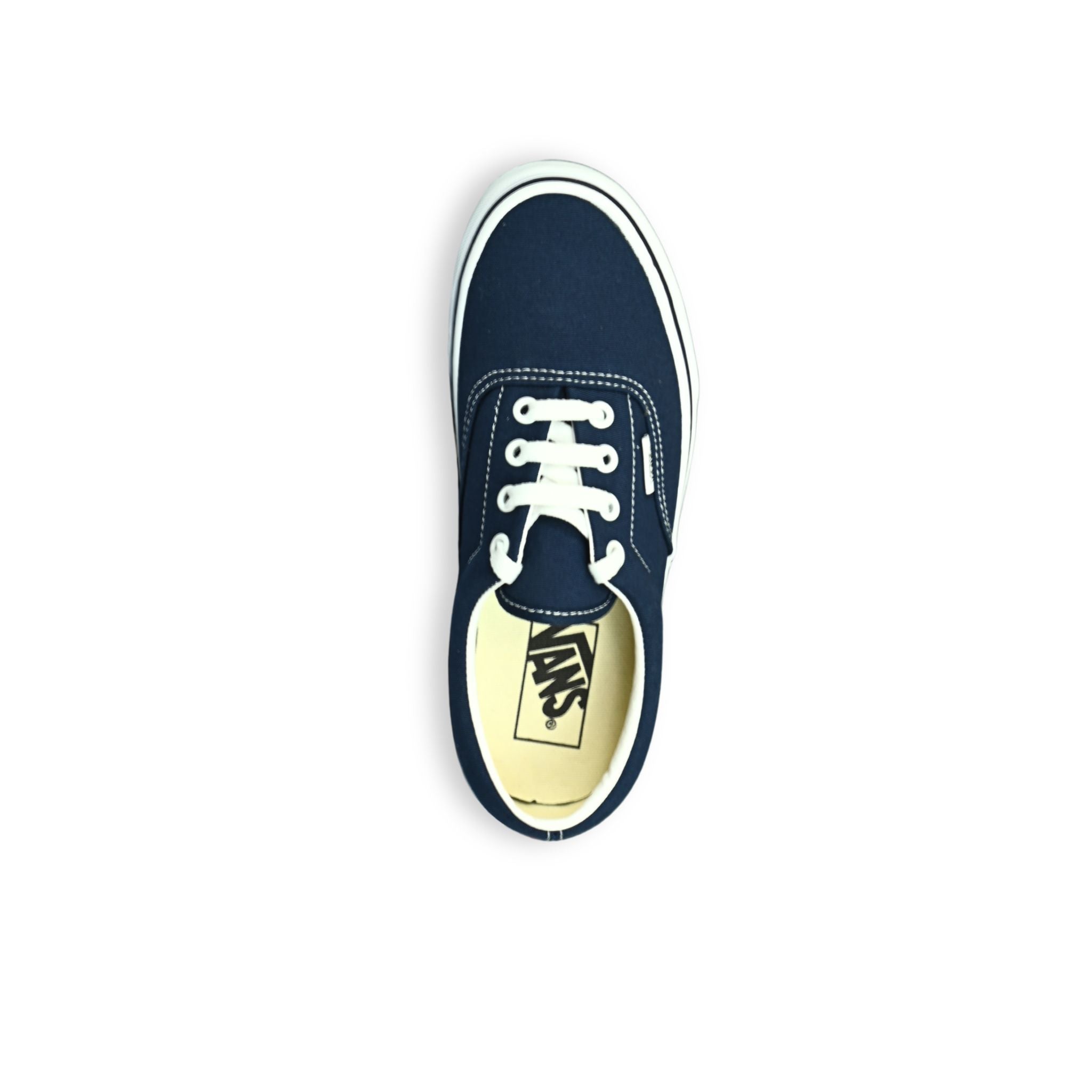 Zapatillas Vans Era lona azul marino (navy) – vista cenital, plantilla interior con logo Vans y cordones blancos
