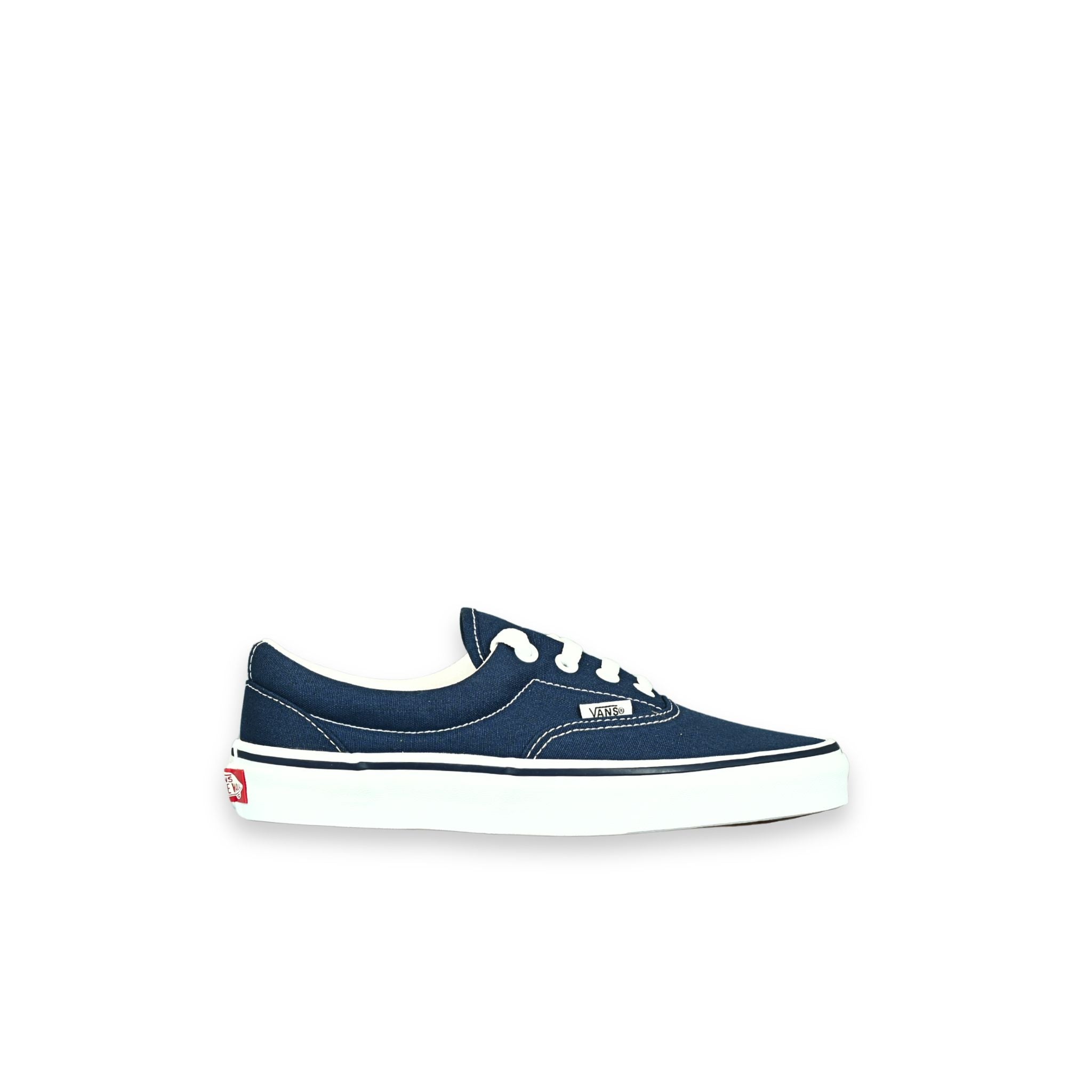 Zapatillas Vans Era lona azul marino (navy) – vista lateral, cordones blancos y suela waffle blanca
