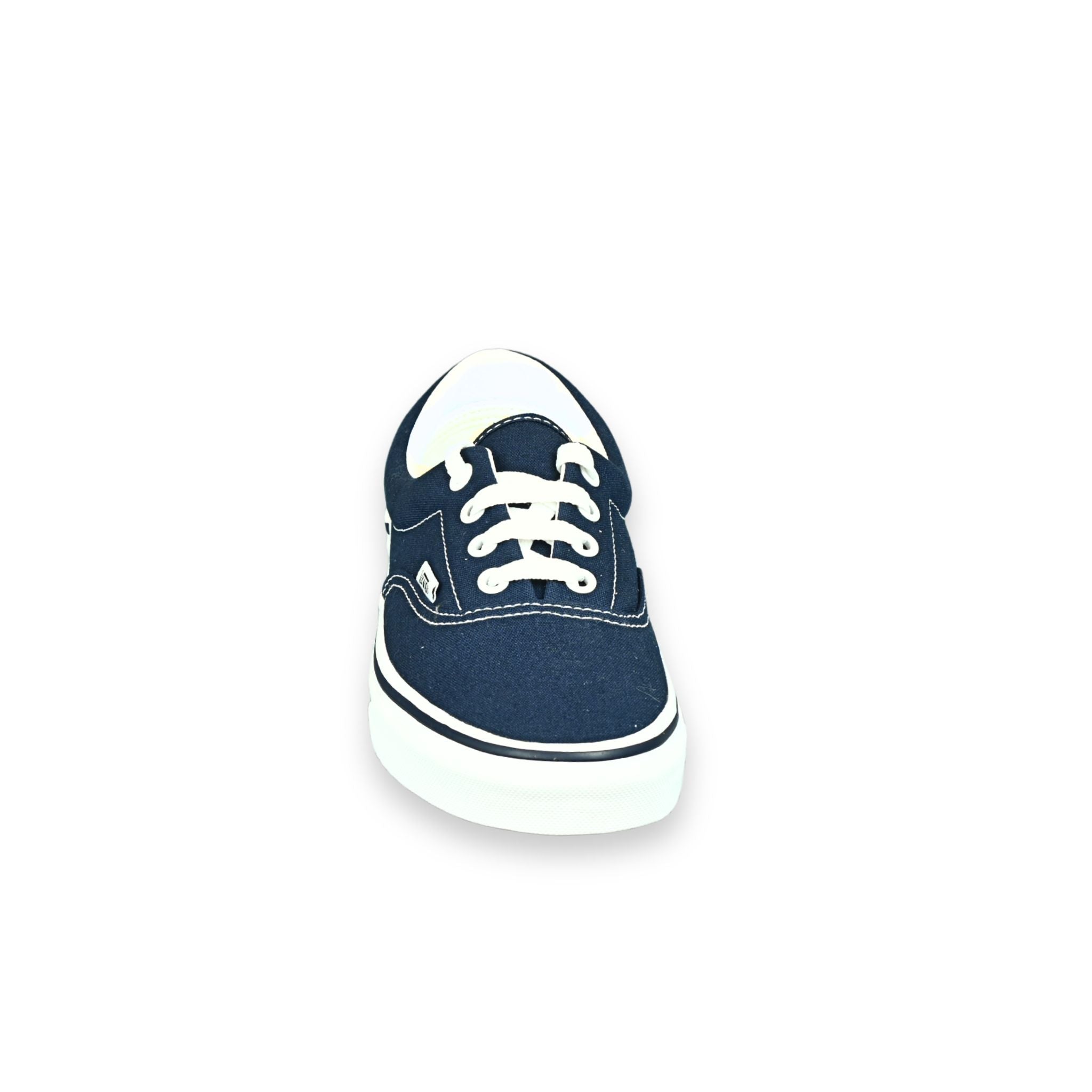 Zapatillas Vans Era lona azul marino (navy) – vista frontal elevada, lengüeta y cordones blancos
