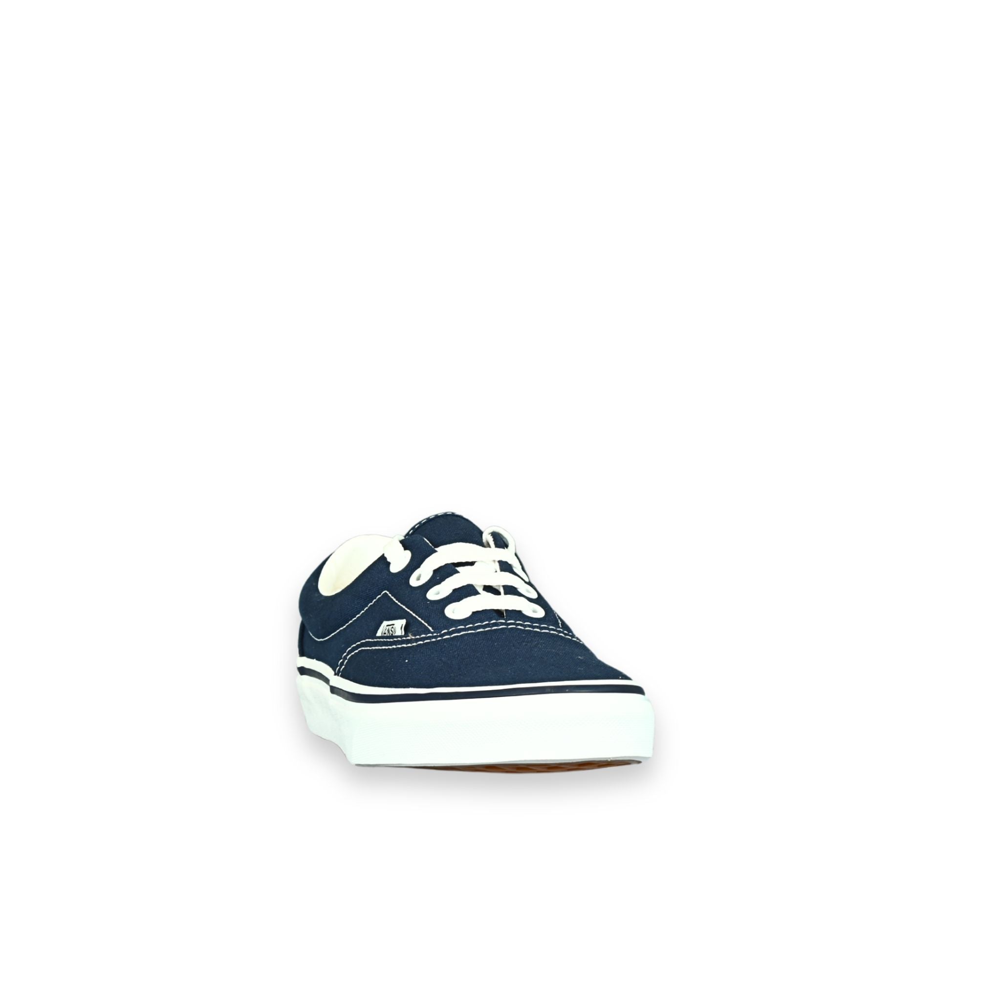 Zapatillas Vans Era lona azul marino (navy) – vista frontal de punta, cordones blancos y cuello acolchado
