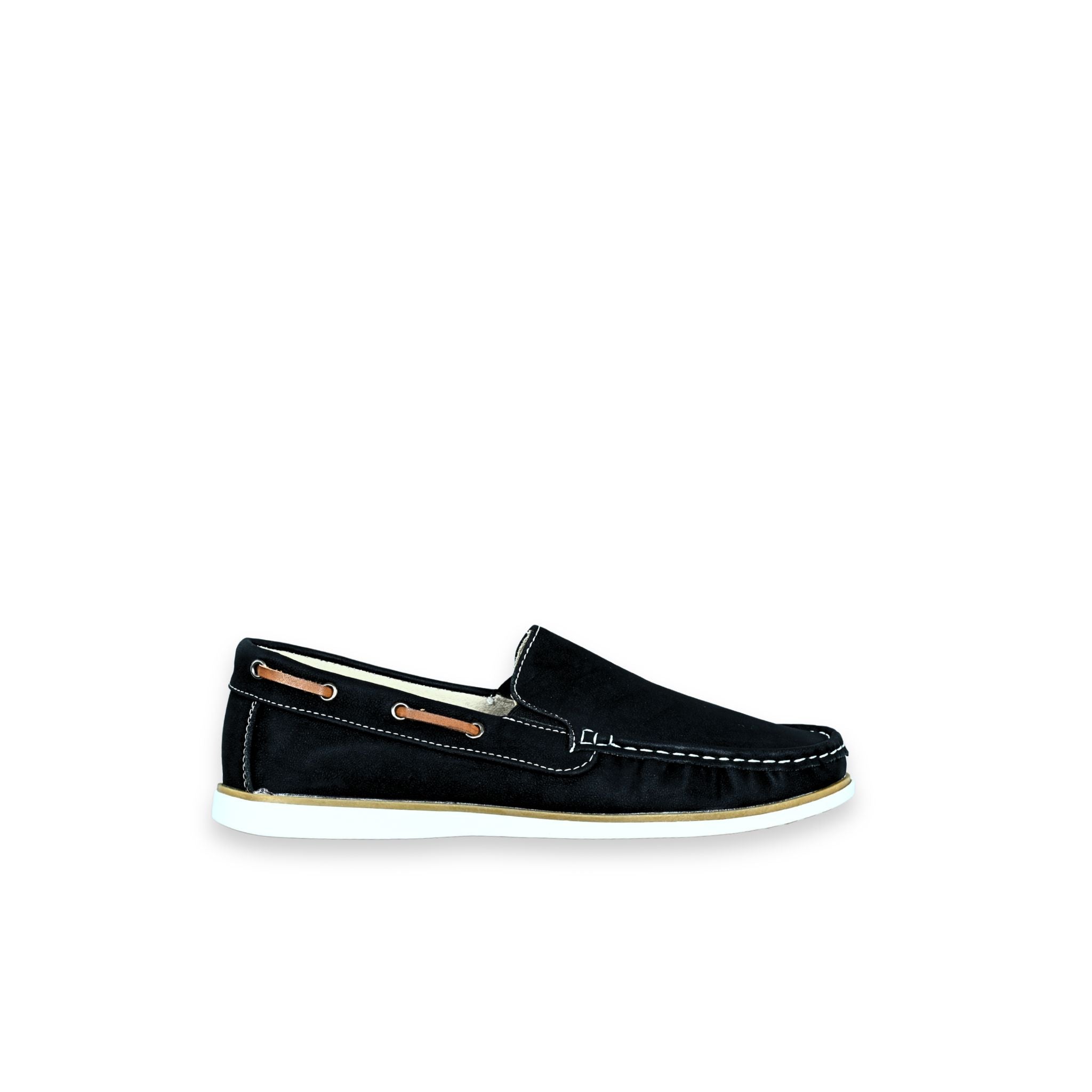 Zapatos náuticos unisex Kalasity en color negro con pespunte blanco a contraste, cordón lateral en cuero camel y suela blanca flexible
